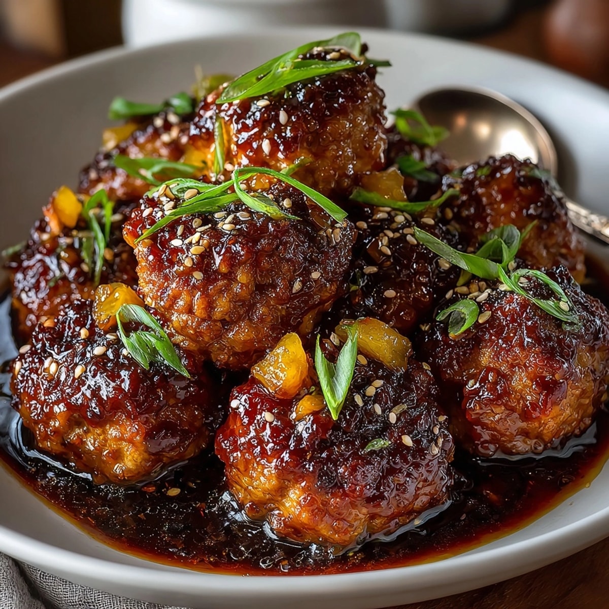 Tender Pineapple Teriyaki Meatballs glistening with a sweet and savory glaze, ready to serve.