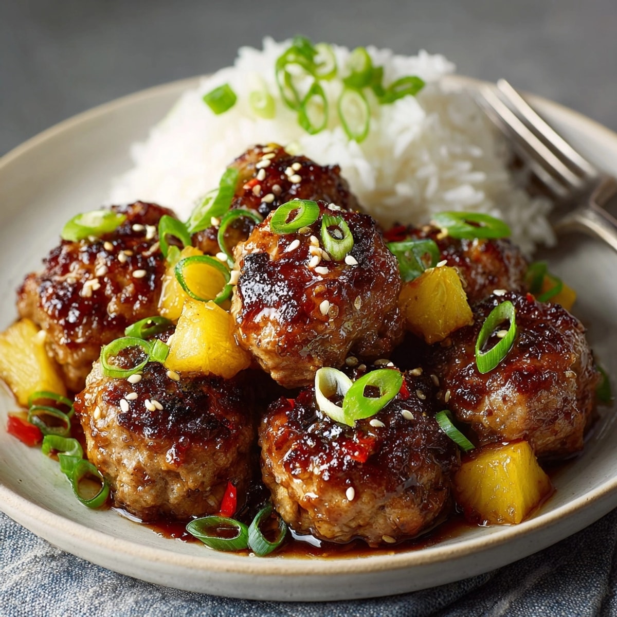 Sizzling Pineapple Teriyaki Meatballs, a delicious Asian-inspired meal served over fluffy white rice.
