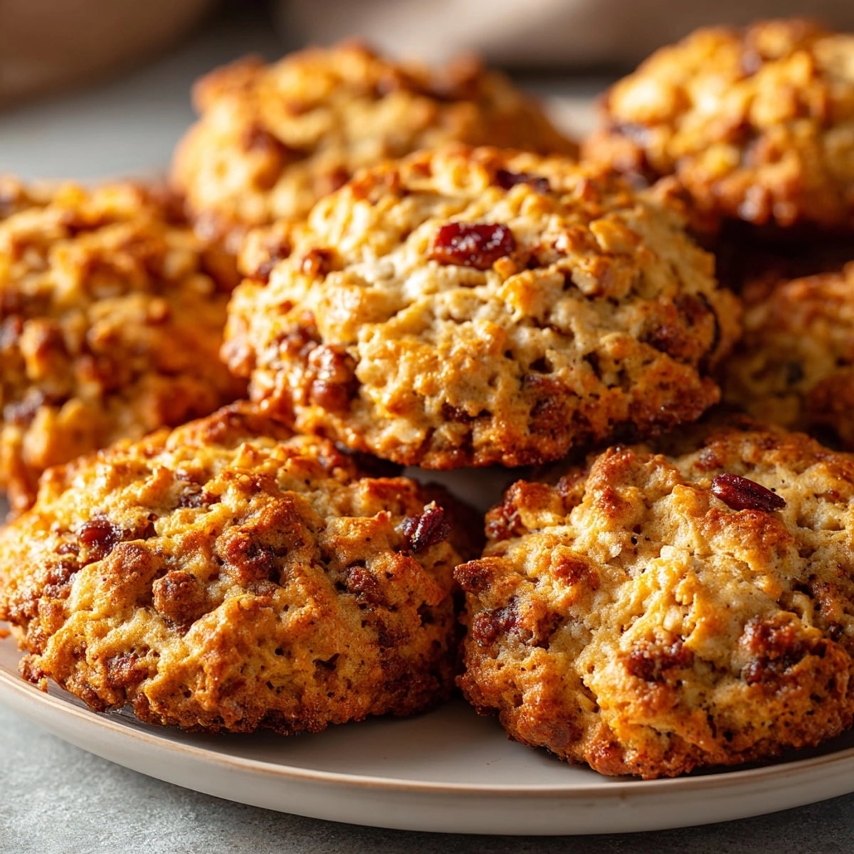 Golden, baked Maple Sausage Breakfast Cookies, featuring visible sausage crumbles and melted cheese.