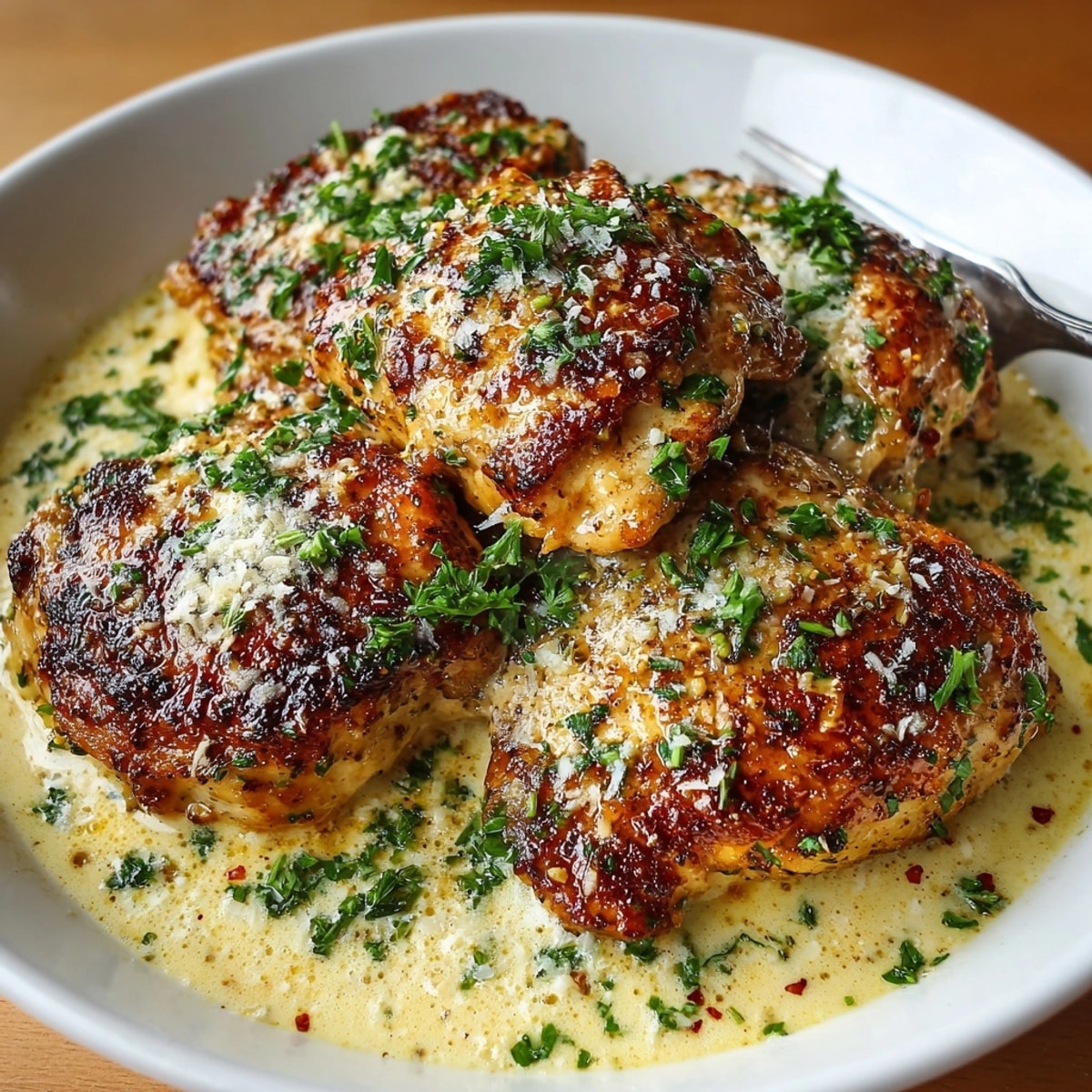 Sizzling, golden Creamy Garlic Butter Chicken served with a luscious, creamy, garlic-infused sauce.