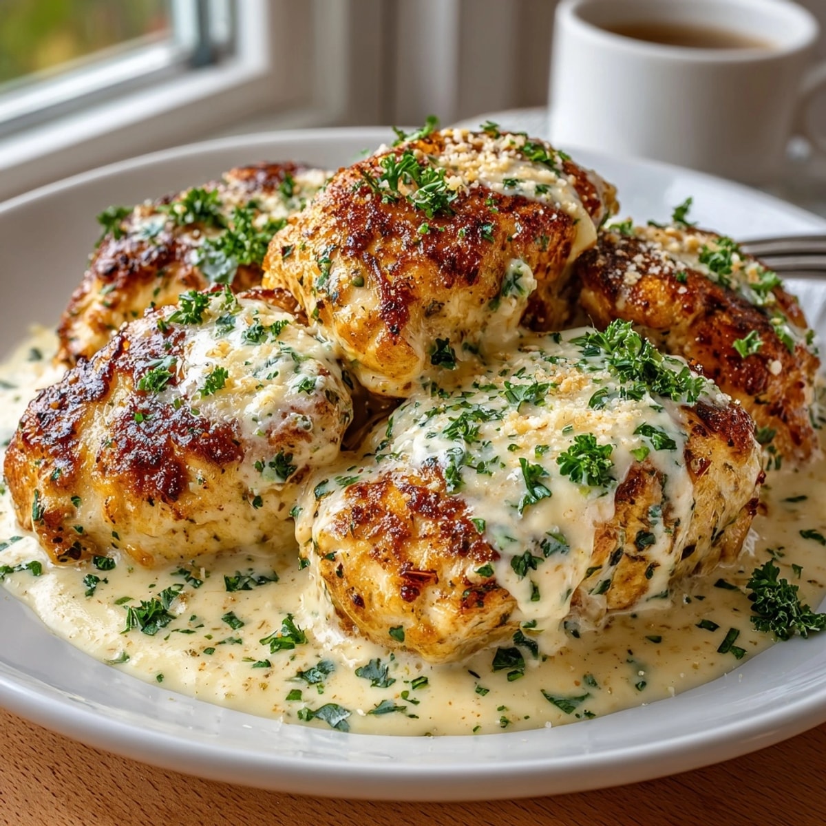 A close-up of tender Creamy Garlic Butter Chicken glistening with a rich, flavorful butter sauce with herbs.