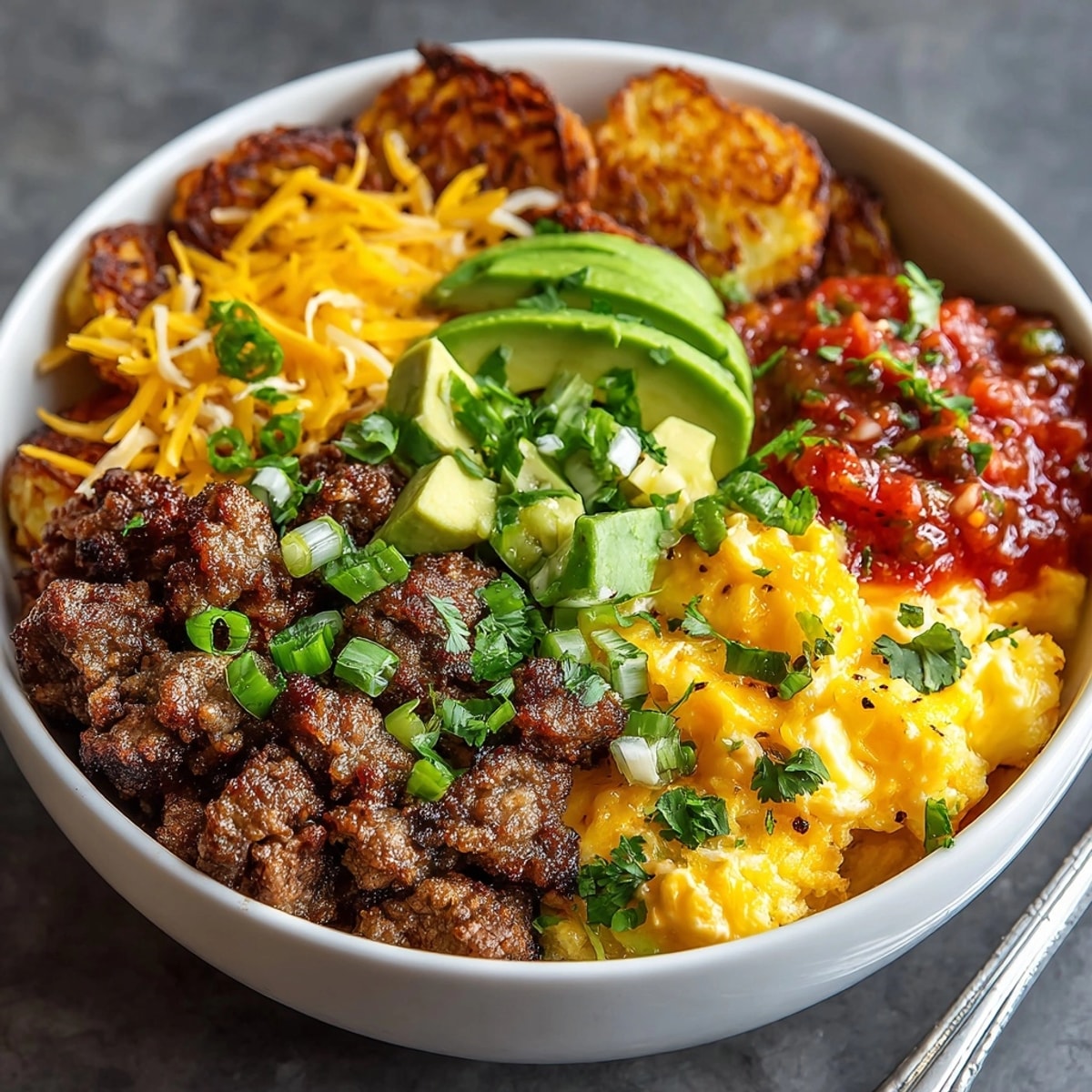 Golden-brown Hash Brown Breakfast Bowls piled high with fluffy scrambled eggs and sausage.