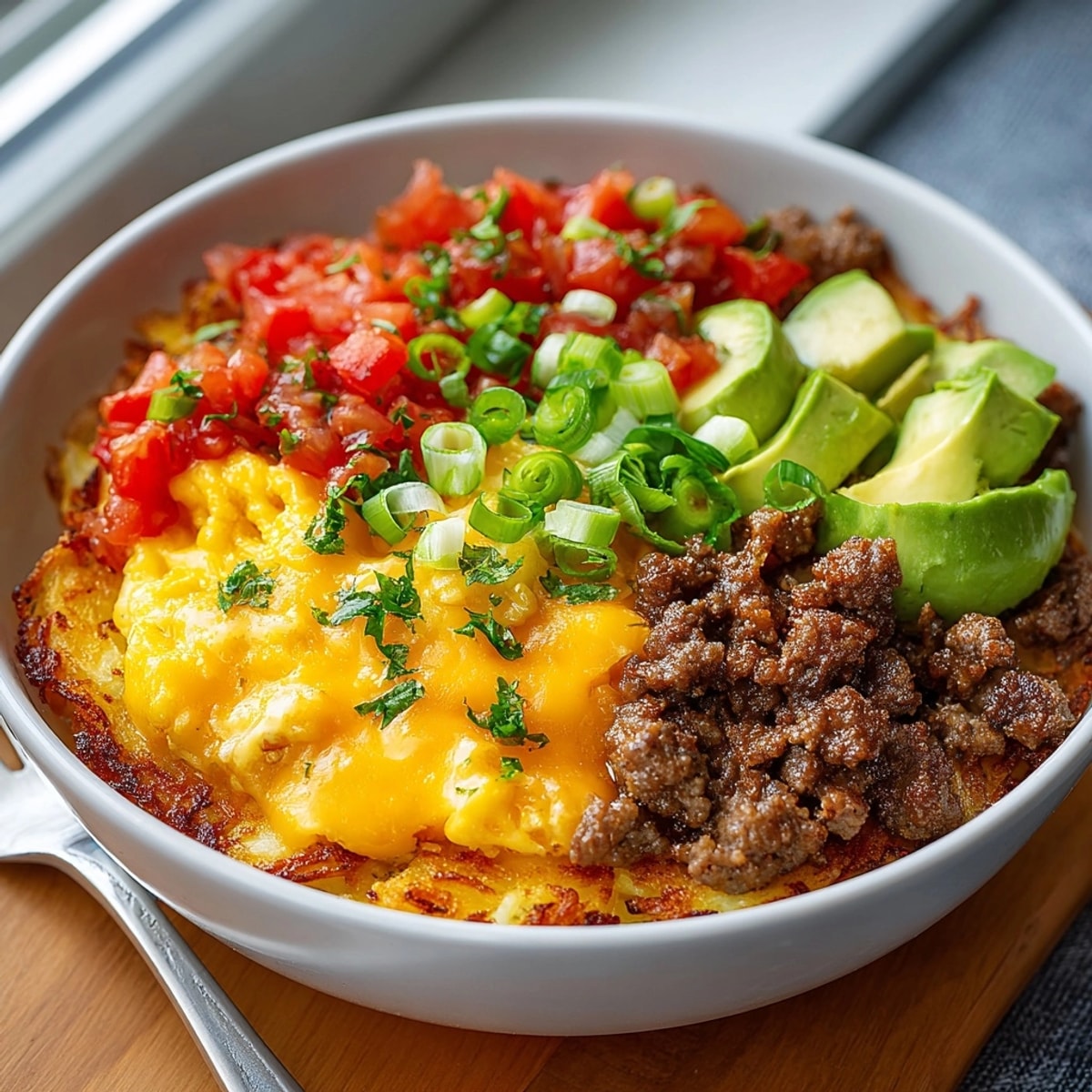 A satisfying photo of home-cooked Hash Brown Breakfast Bowls, ready to be served with fresh toppings.
