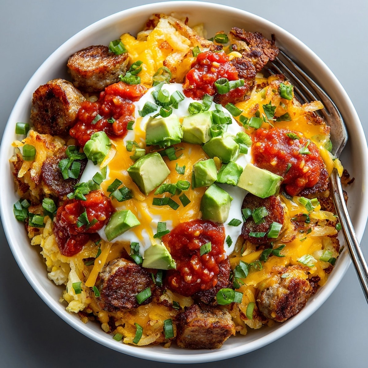 Sizzling crispy hash browns in these savory breakfast bowls, topped with eggs and delicious sausage.