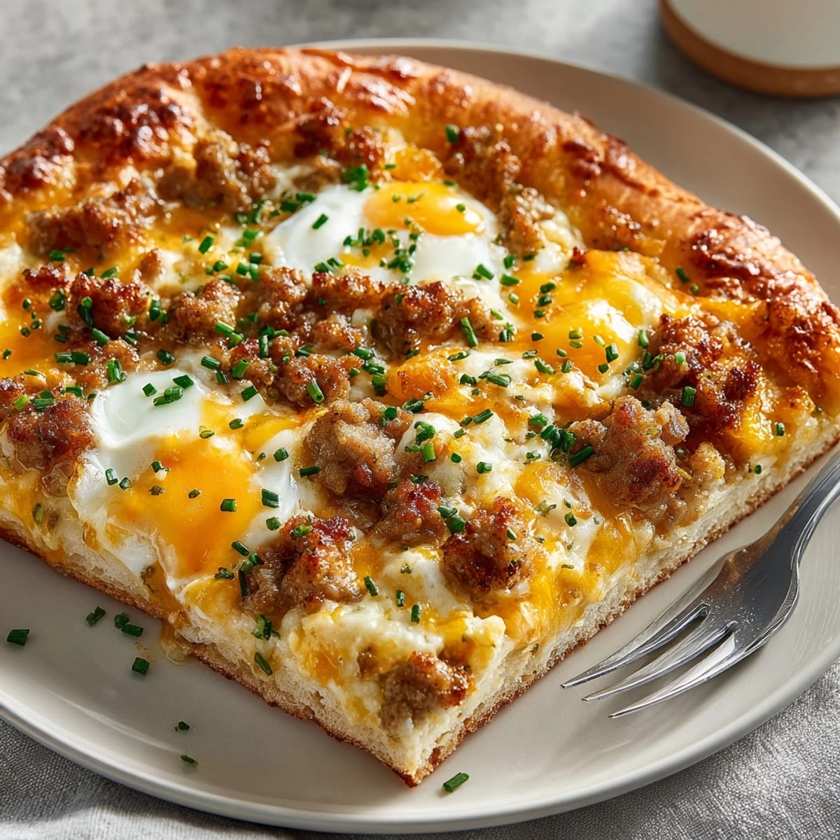 Sausage Gravy Breakfast Pizza, a bubbly, cheesy delight with golden crust and sausage gravy.