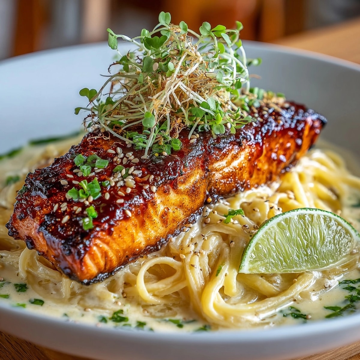 Honey Sriracha Salmon Pasta, a delicious main course with salmon atop a creamy pasta base.