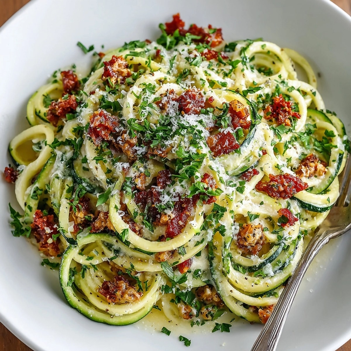 A vibrant image of Zucchini Noodle Carbonara, ready to serve with fresh parsley garnish and crunchy turkey bacon.