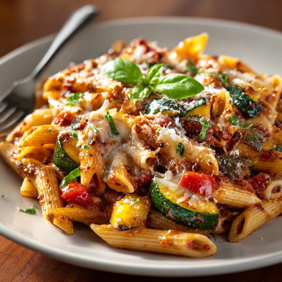 A steaming bowl of slow cooker pasta, overflowing with rich tomato sauce and bubbly cheese.