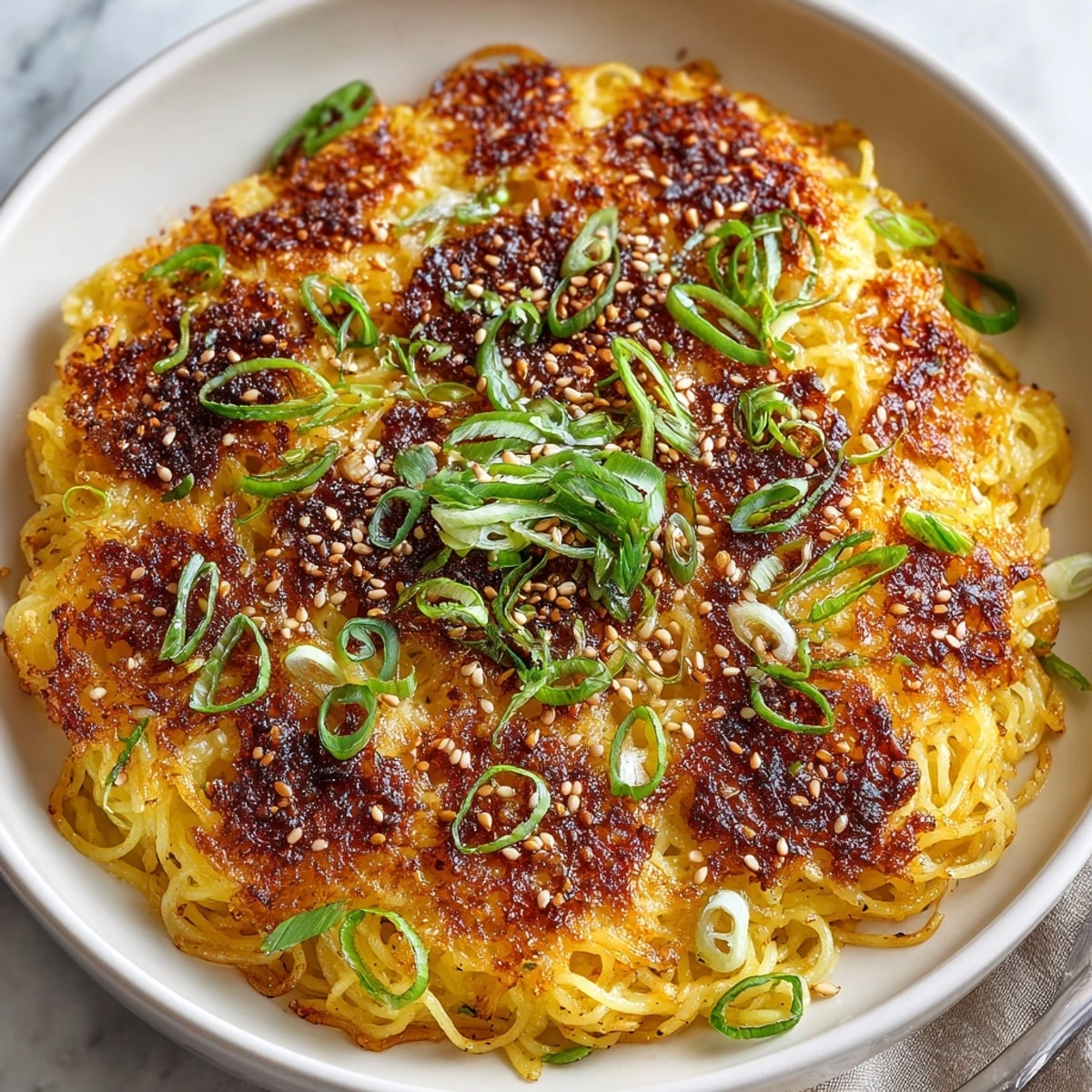 Golden-brown Crispy Bottom Pasta shows off its crunchy, savory base in a beautiful skillet.