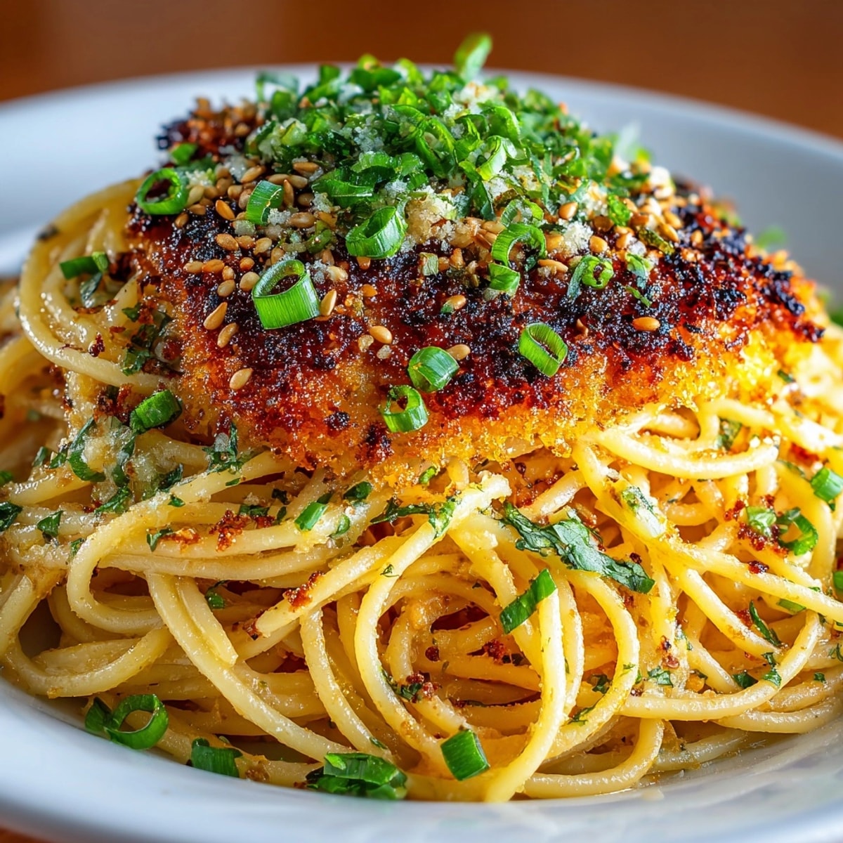 The finished Crispy Bottom Pasta with a golden, crunchy bottom topped with fresh green scallions.