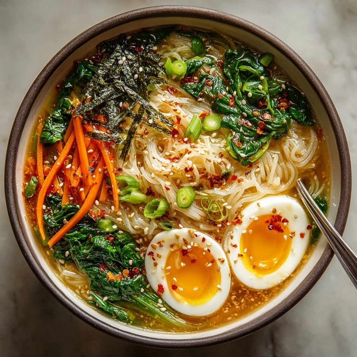 Delicious homemade Shirataki Noodle Ramen with savory broth, veggies, and that creamy egg "cloud."