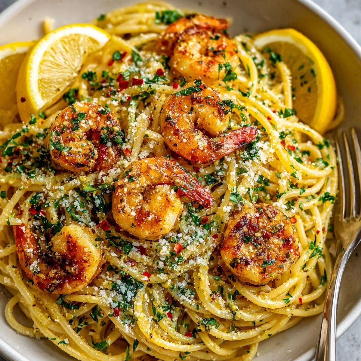 Shrimp and garlic pasta plated with fresh parsley, lemon zest, and juicy sautéed shrimp.
