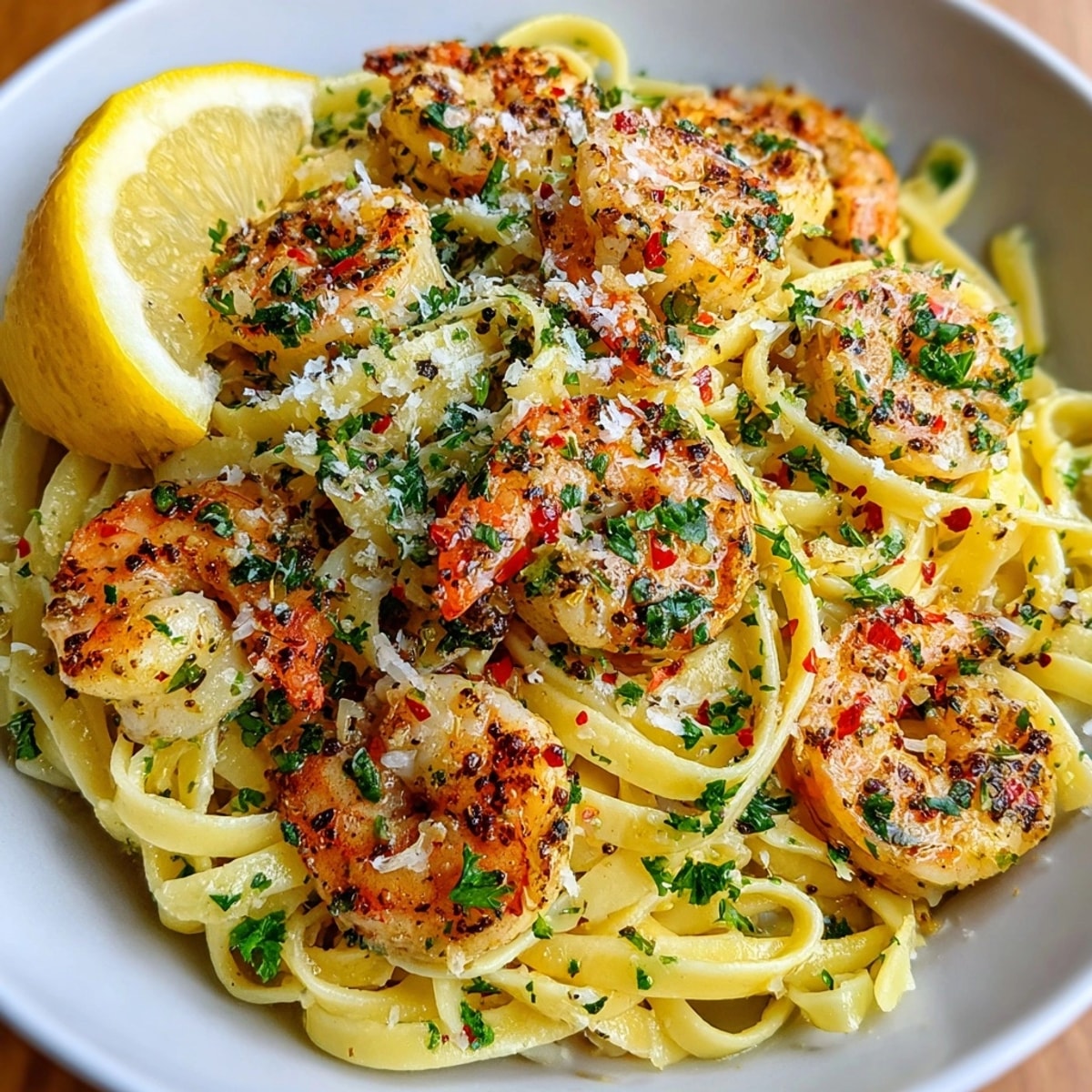 Close-up of shrimp and garlic pasta glistening in olive oil, ready for an elegant dinner.
