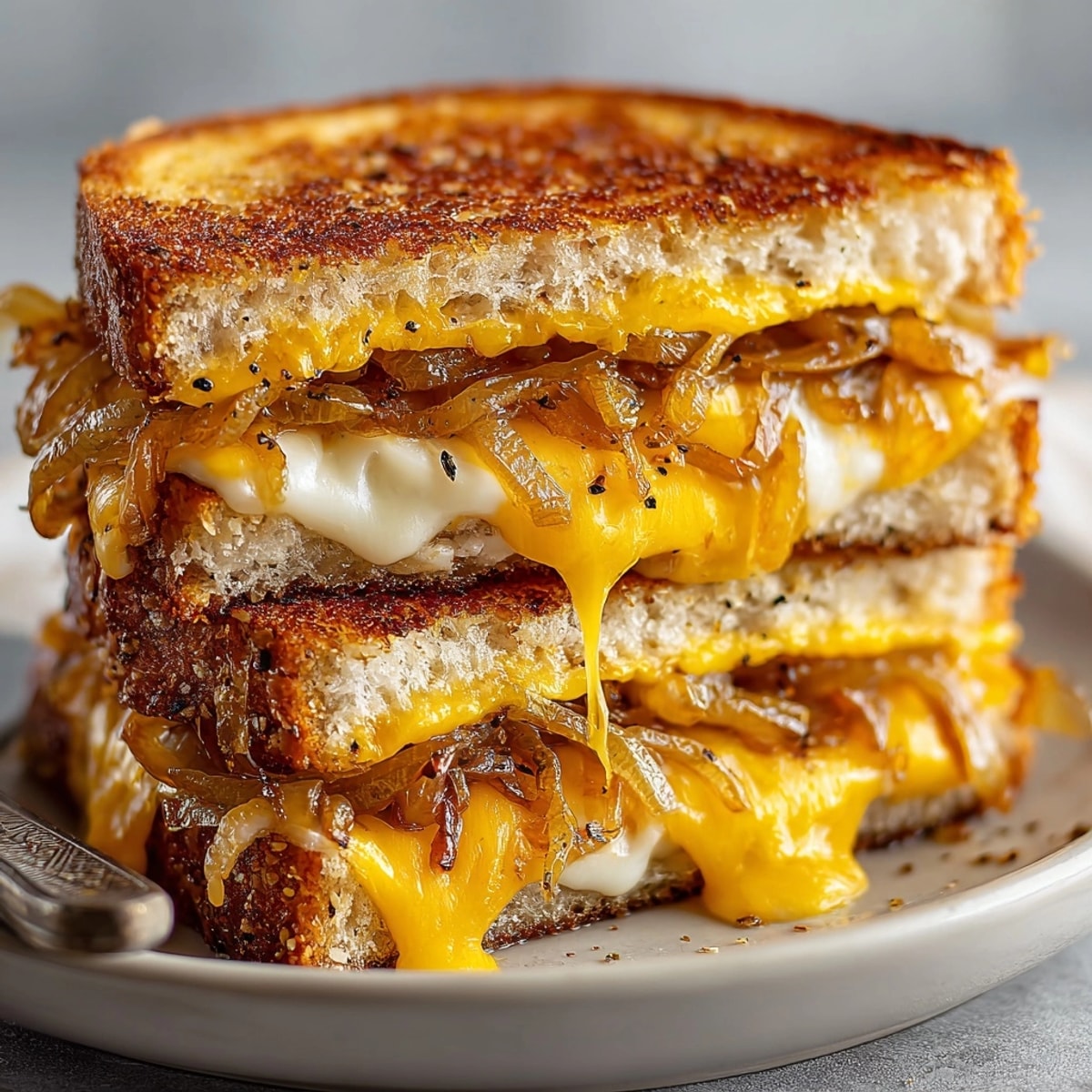 Grilled cheese with caramelized onions melted between crispy, golden-buttered bread slices, served hot.