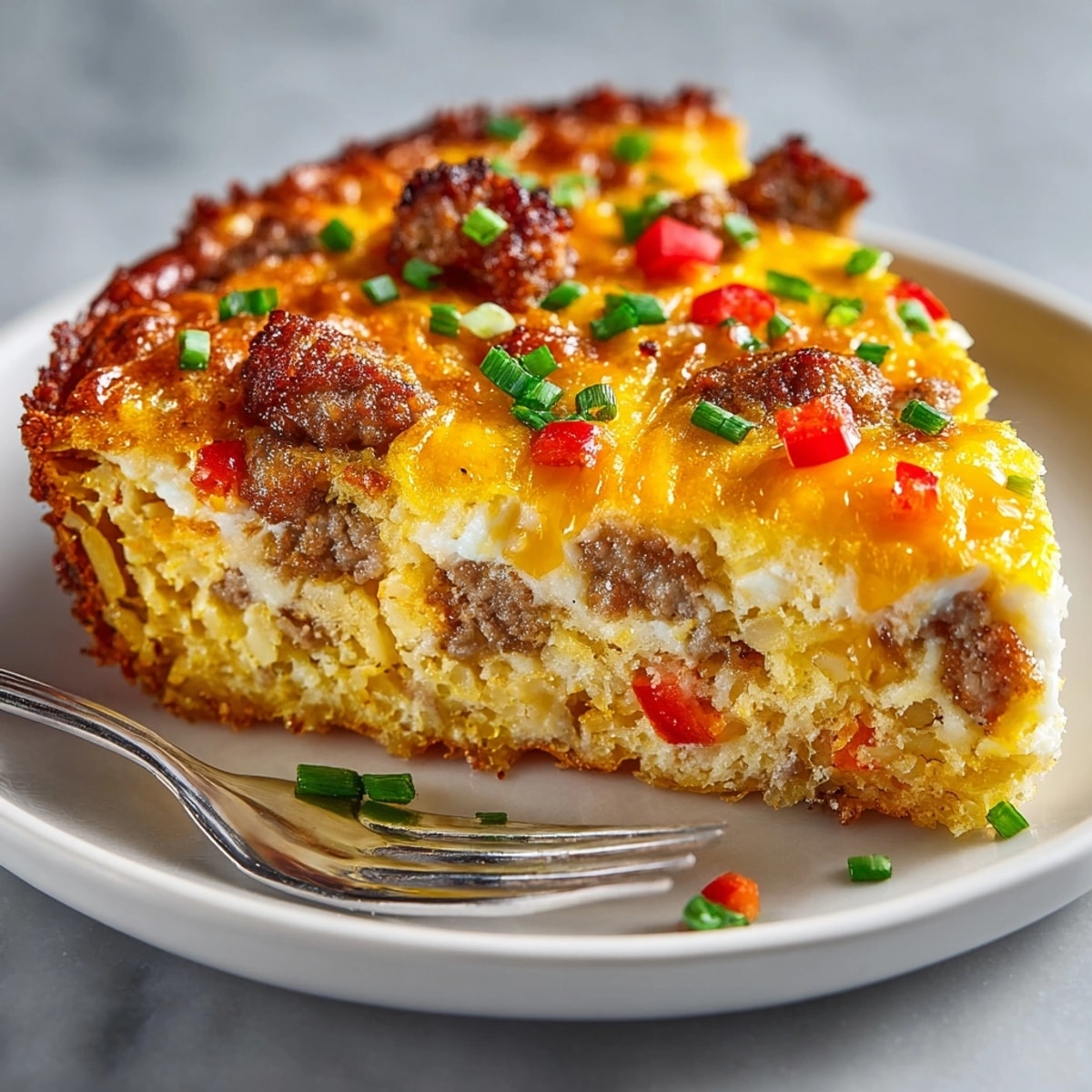 Golden Breakfast Casserole with Hash Browns baked crispy, topped with gooey cheese and sausage.
