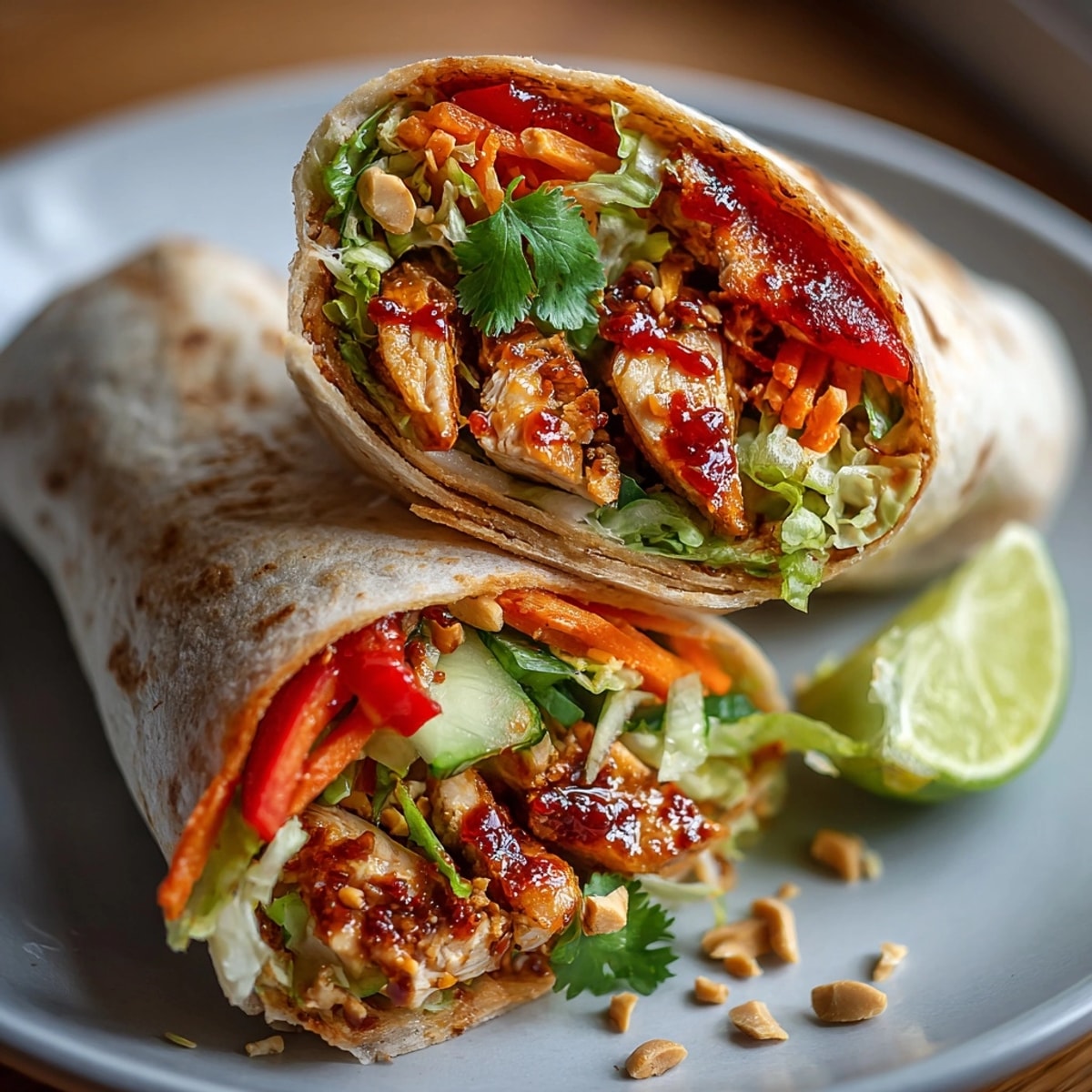 Close-up of Thai Curry Chicken Wraps filled with colorful vegetables and creamy curry sauce