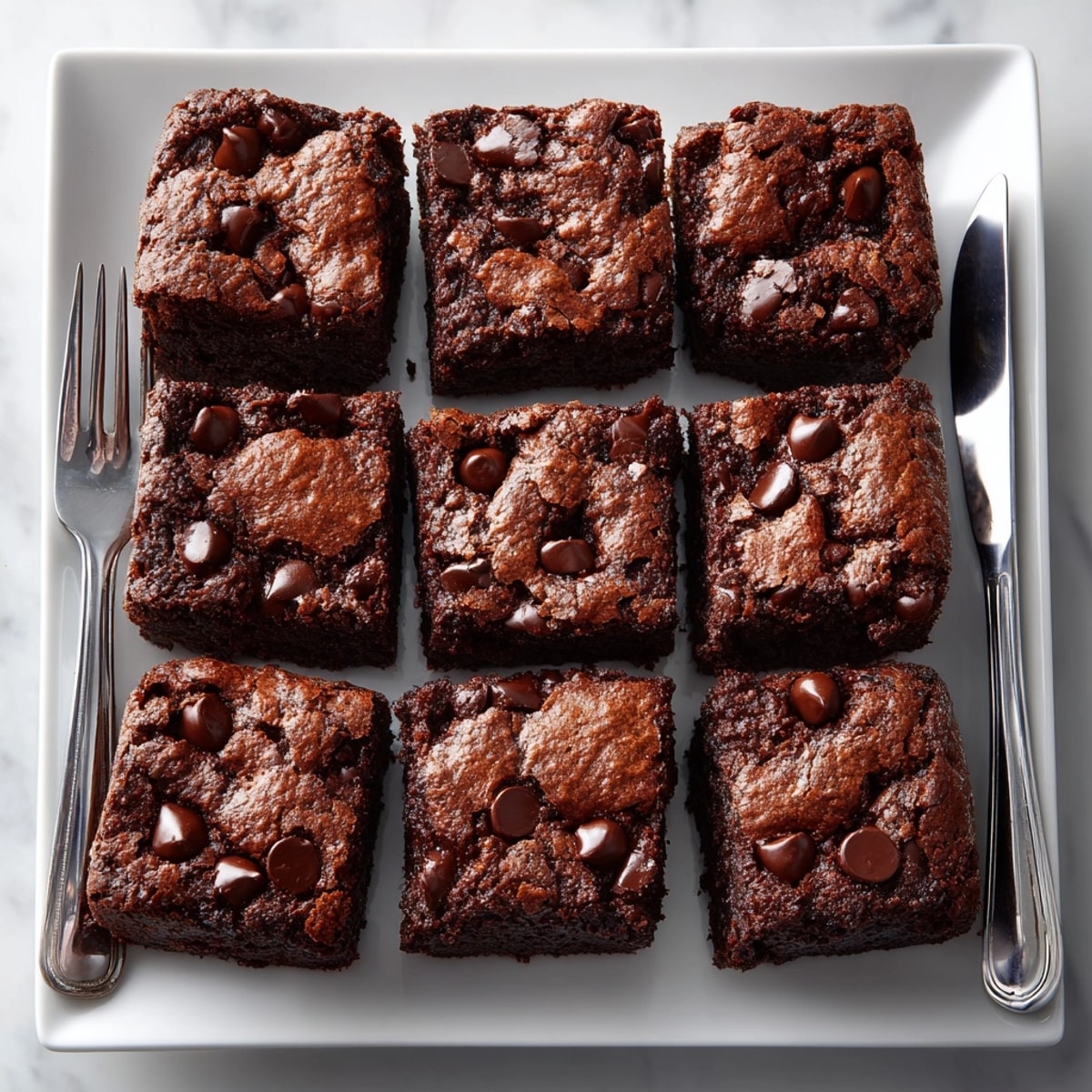 Close-up of moist chocolate avocado brownies, showing rich texture and melted chocolate chips inside.