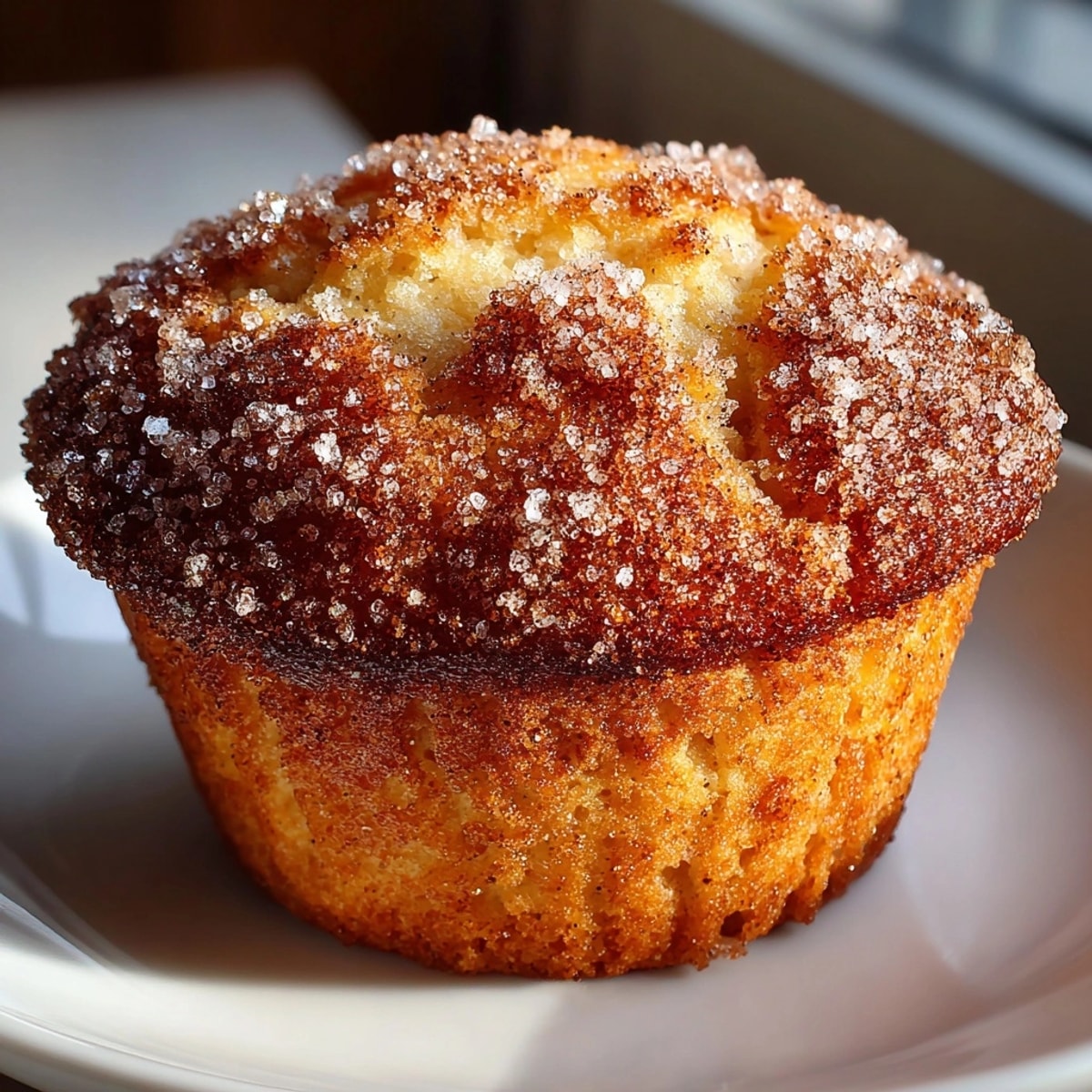Freshly baked cinnamon sugar donut muffins with golden tops, ready to be served warm.