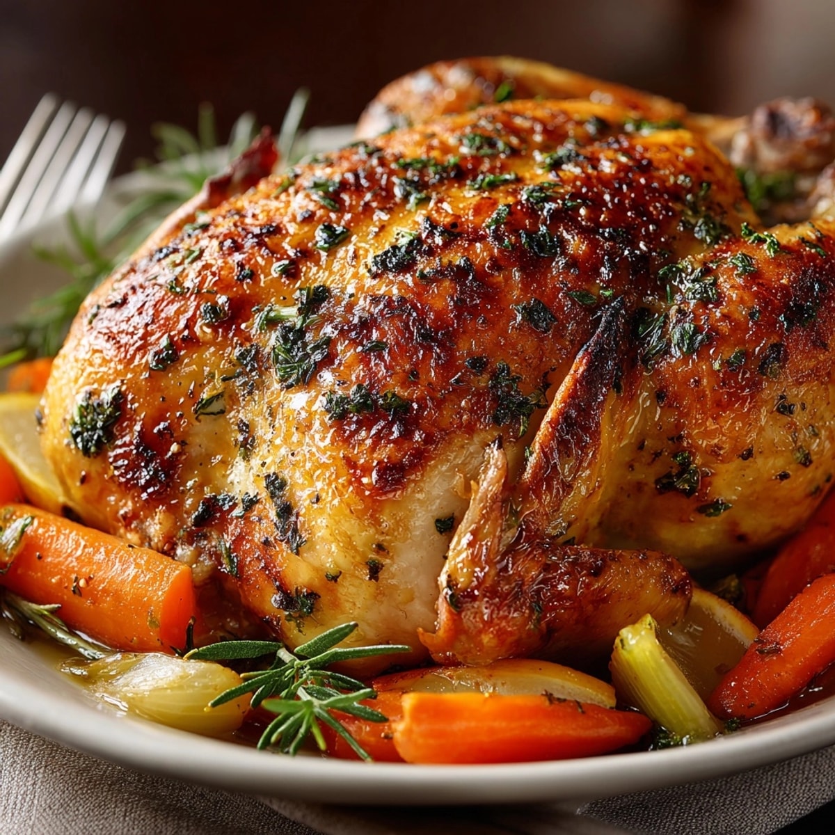 Garlic Herb Roasted Chicken with golden crispy skin and tender meat fresh from the oven