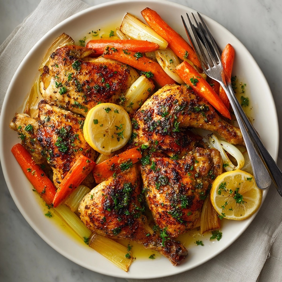 Whole Garlic Herb Roasted Chicken resting on a bed of vegetables, ready for a hearty family dinner