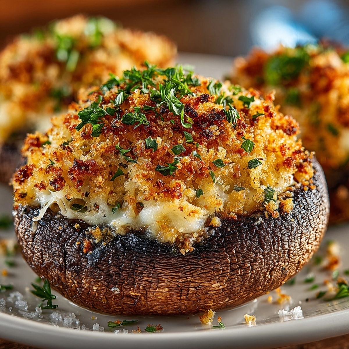 Stuffed cheese portobello mushrooms baked golden, topped with herbs and bubbling cheese filling.