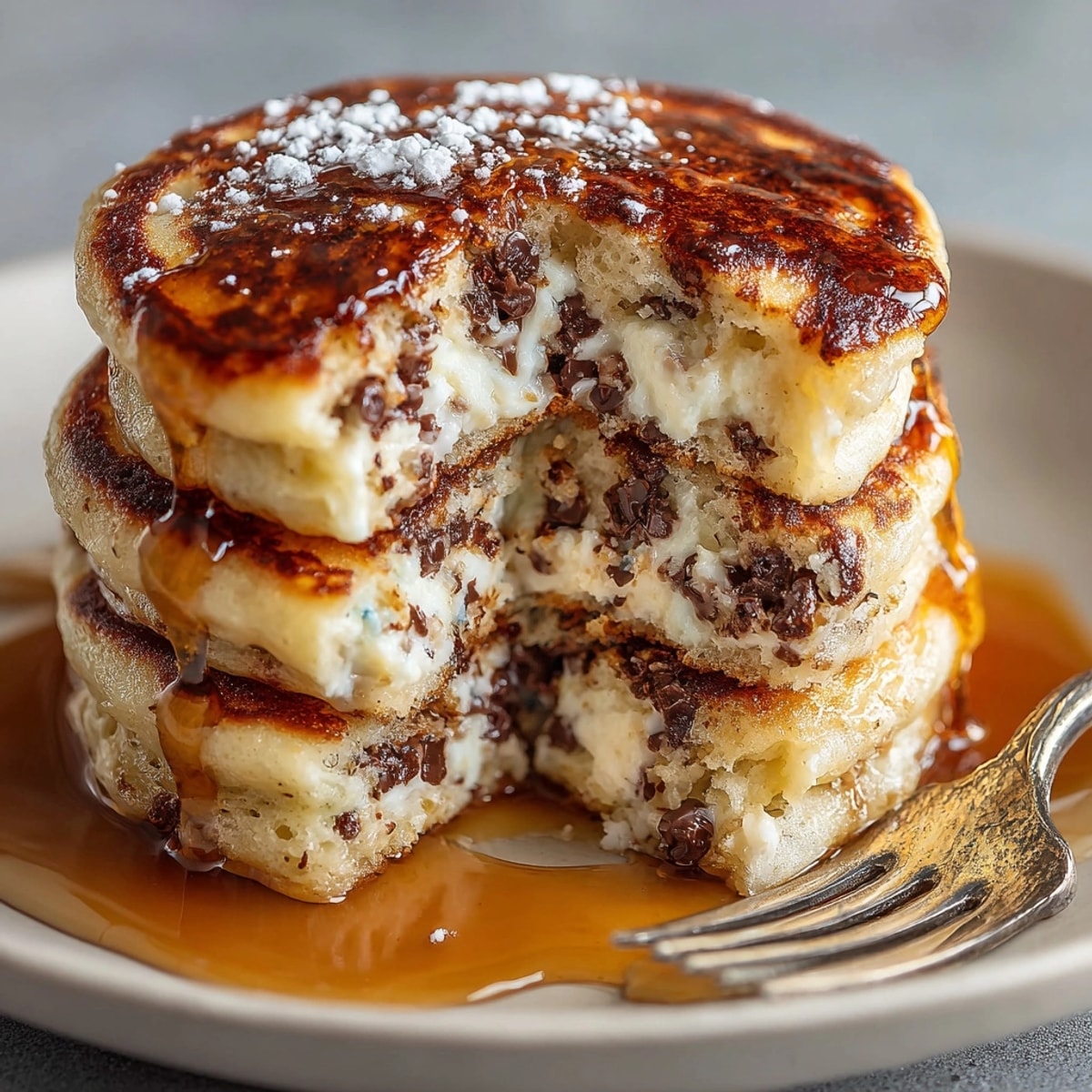 Close-up of fluffy Ricotta Chocolate Chip Pancake Bites stacked, chocolate chips melting into each tender bite.