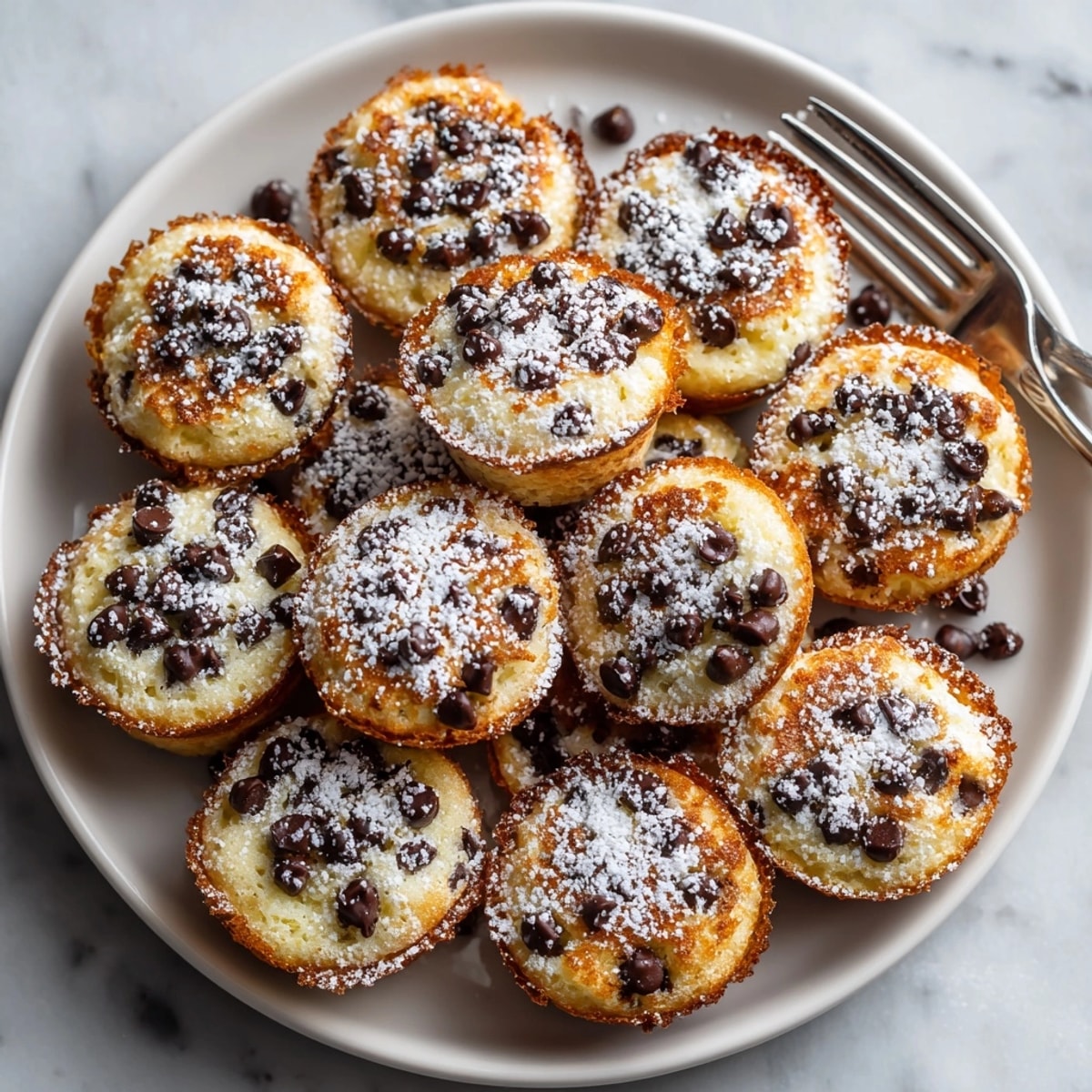 Freshly cooked Ricotta Chocolate Chip Pancake Bites served with maple syrup drizzle, perfect for brunch gatherings.