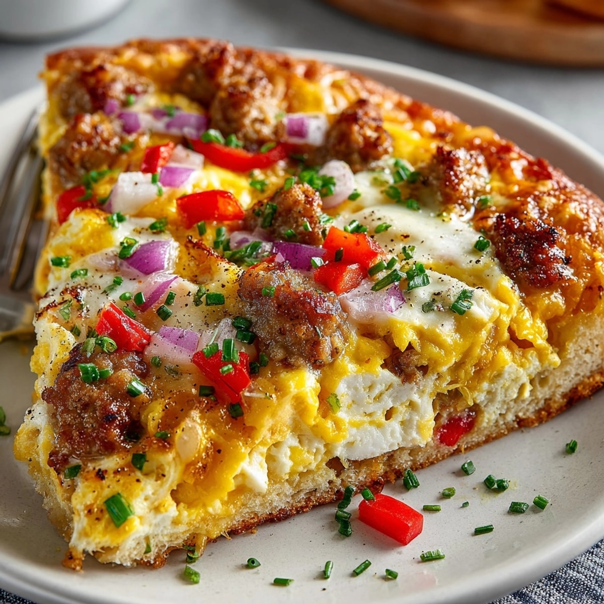 Breakfast pizza with scrambled eggs and cheese, golden crust topped with melty, vibrant ingredients.