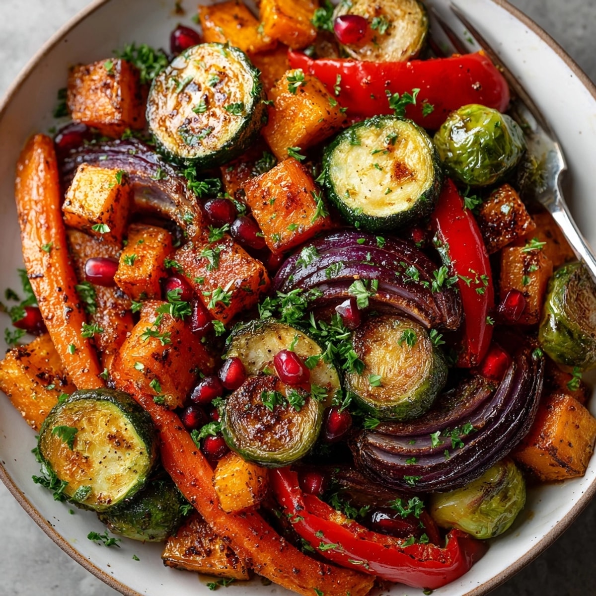 Colorful pomegranate balsamic roasted vegetables glisten with caramelized edges and fresh pomegranate seeds.