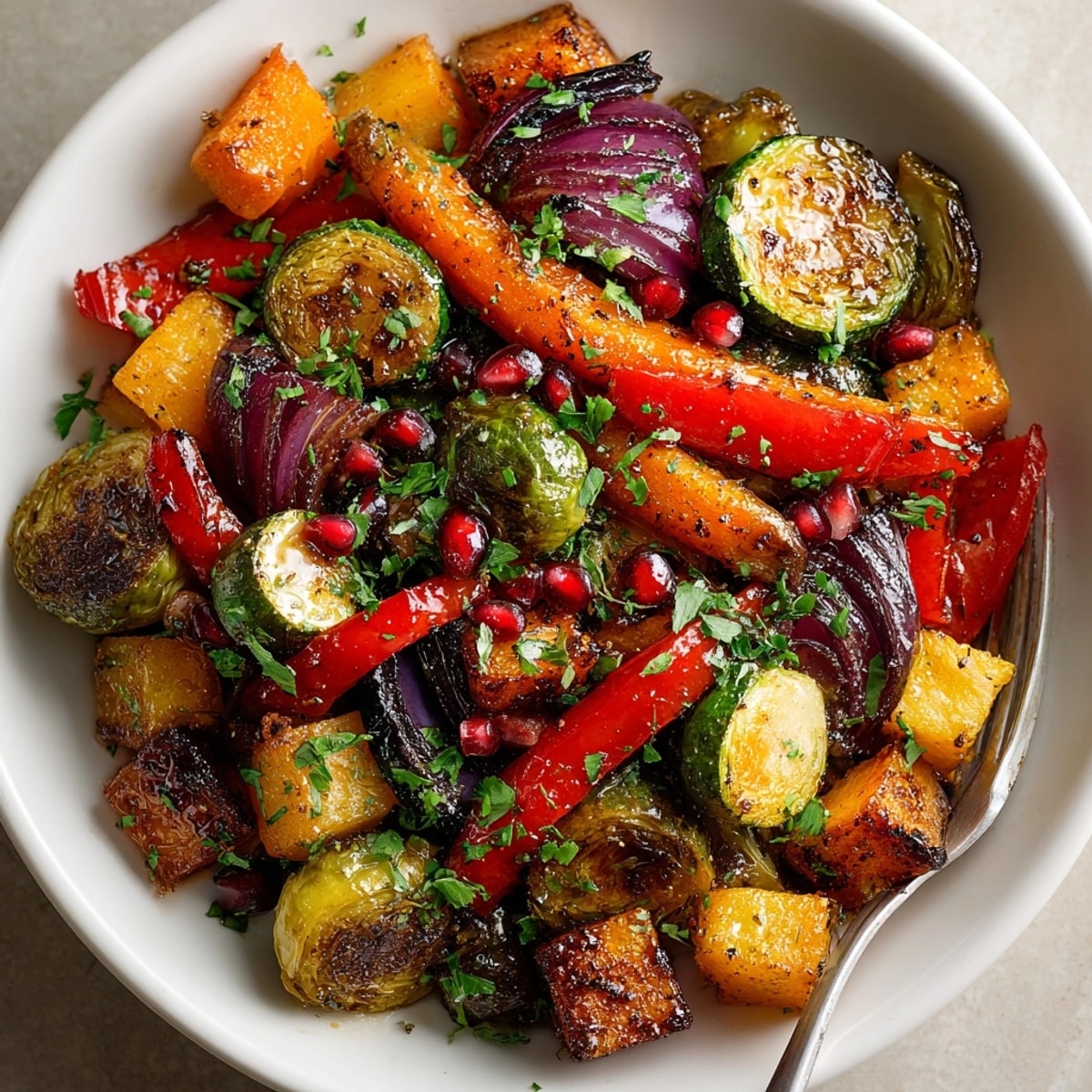 Oven roasted pomegranate balsamic vegetables on a platter garnished with parsley and ruby pomegranate arils.