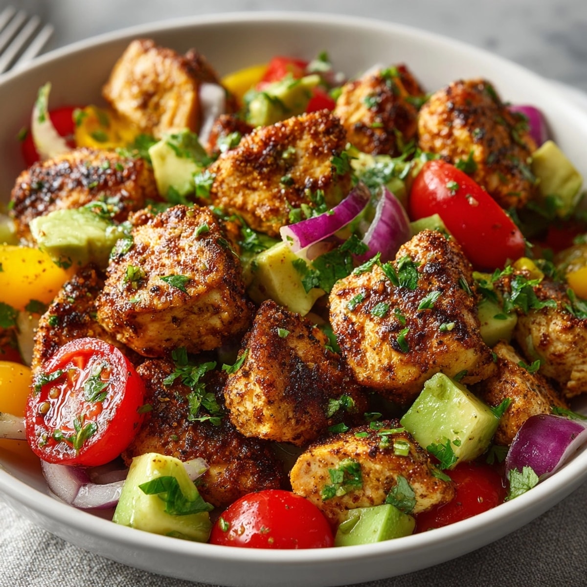 Fresh Avocado Lime Cilantro Chicken Salad with grilled chicken and creamy avocado chunks served in a bowl