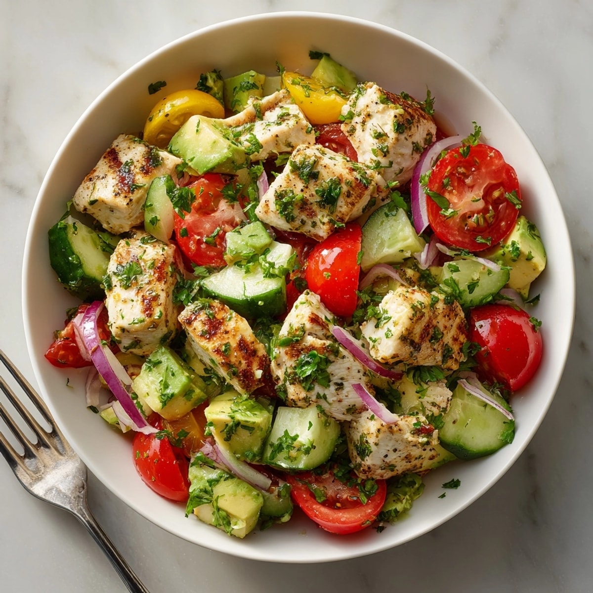 Colorful Avocado Lime Cilantro Chicken Salad featuring tender chicken, crisp vegetables, and zesty lime dressing on a plate