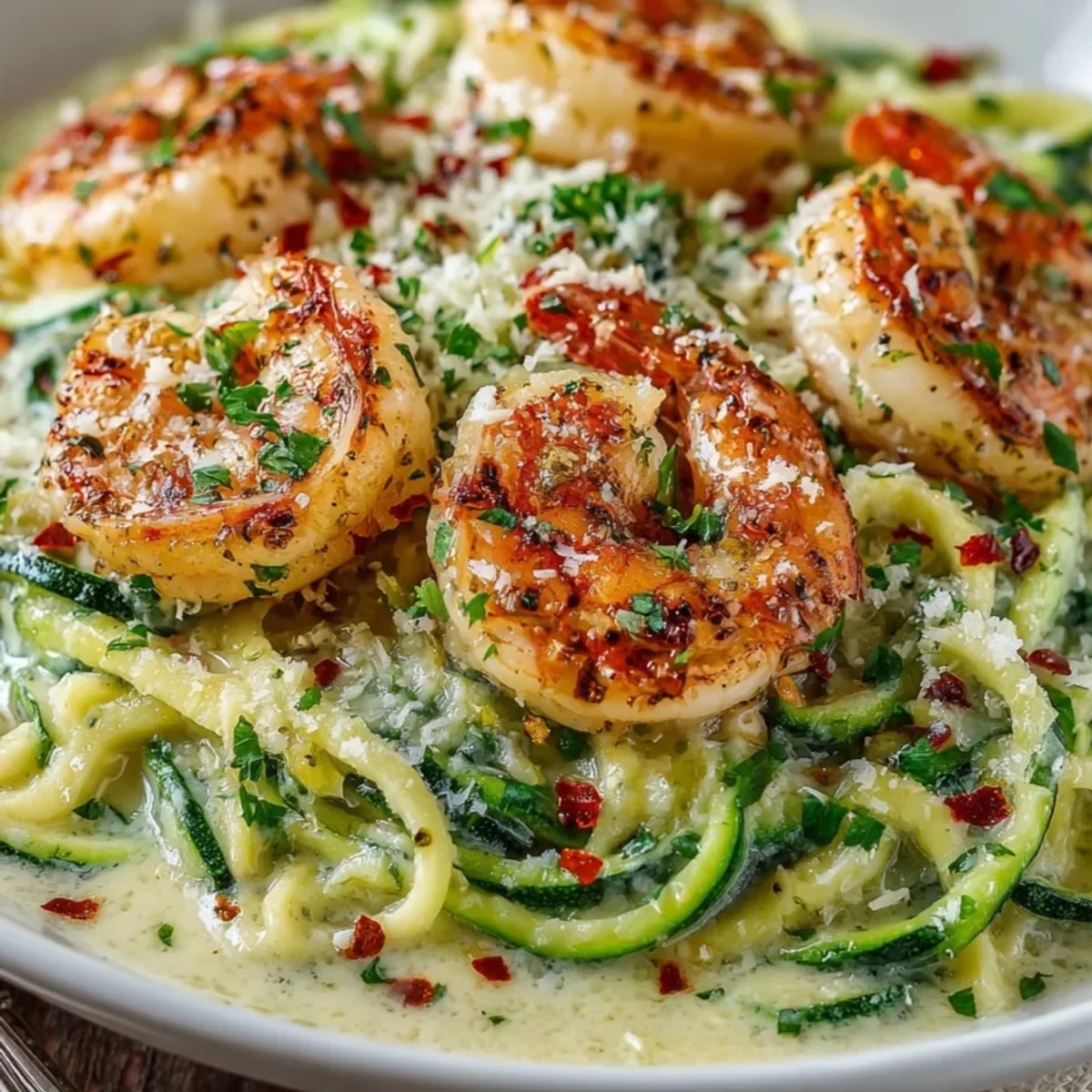 Creamy shrimp Alfredo zucchini noodles topped with fresh parsley and Parmesan, ready to serve.