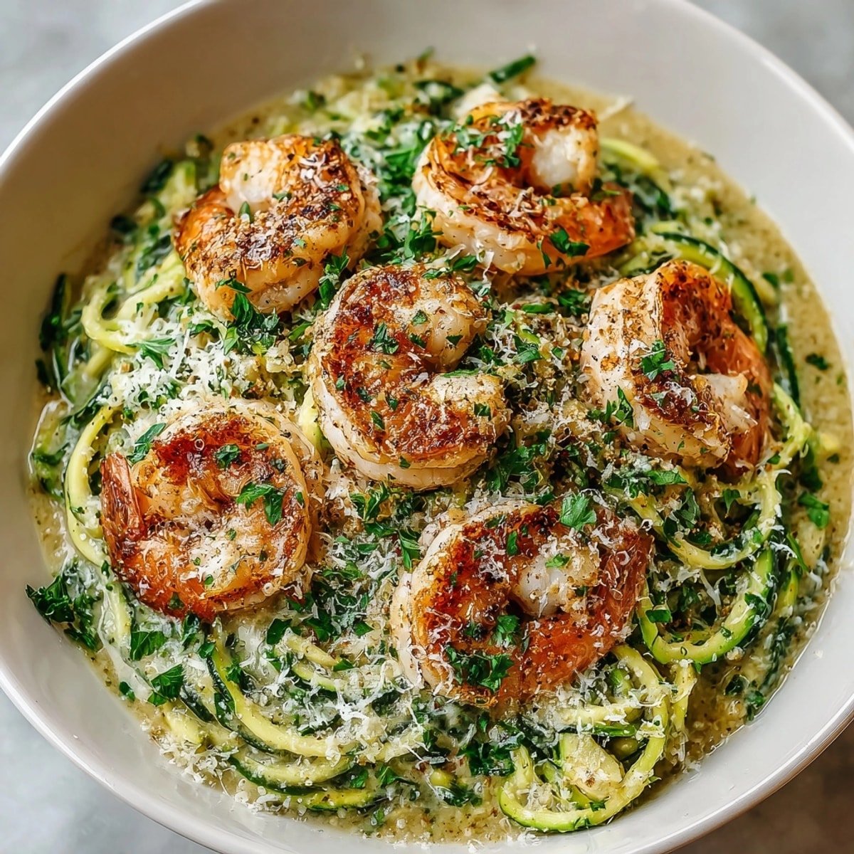 Low-carb shrimp Alfredo zucchini noodles glistening in creamy sauce, perfect for easy Italian-American dinners.