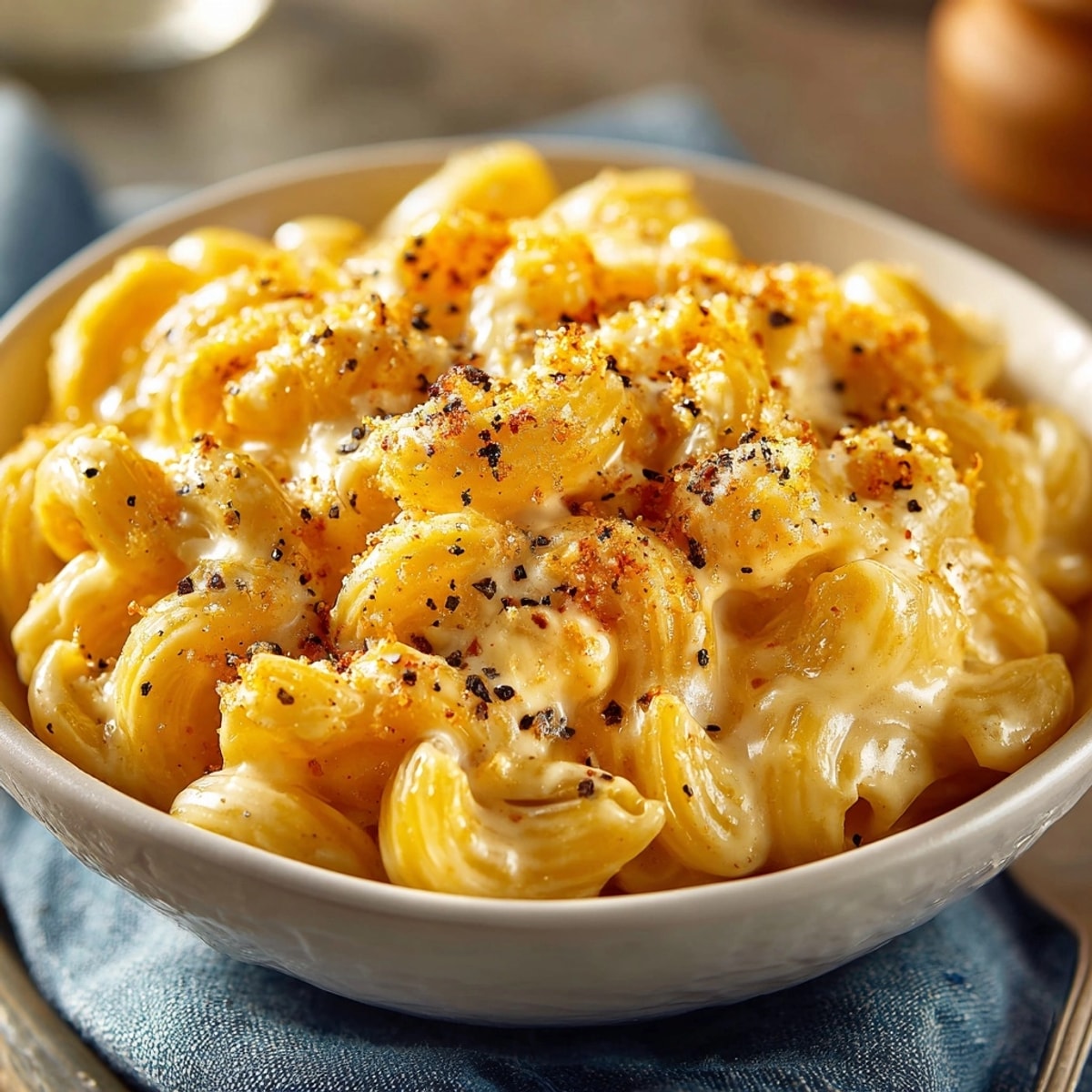 Creamy microwave mac and cheese in a mug, cheddar melted over tender pasta shells.