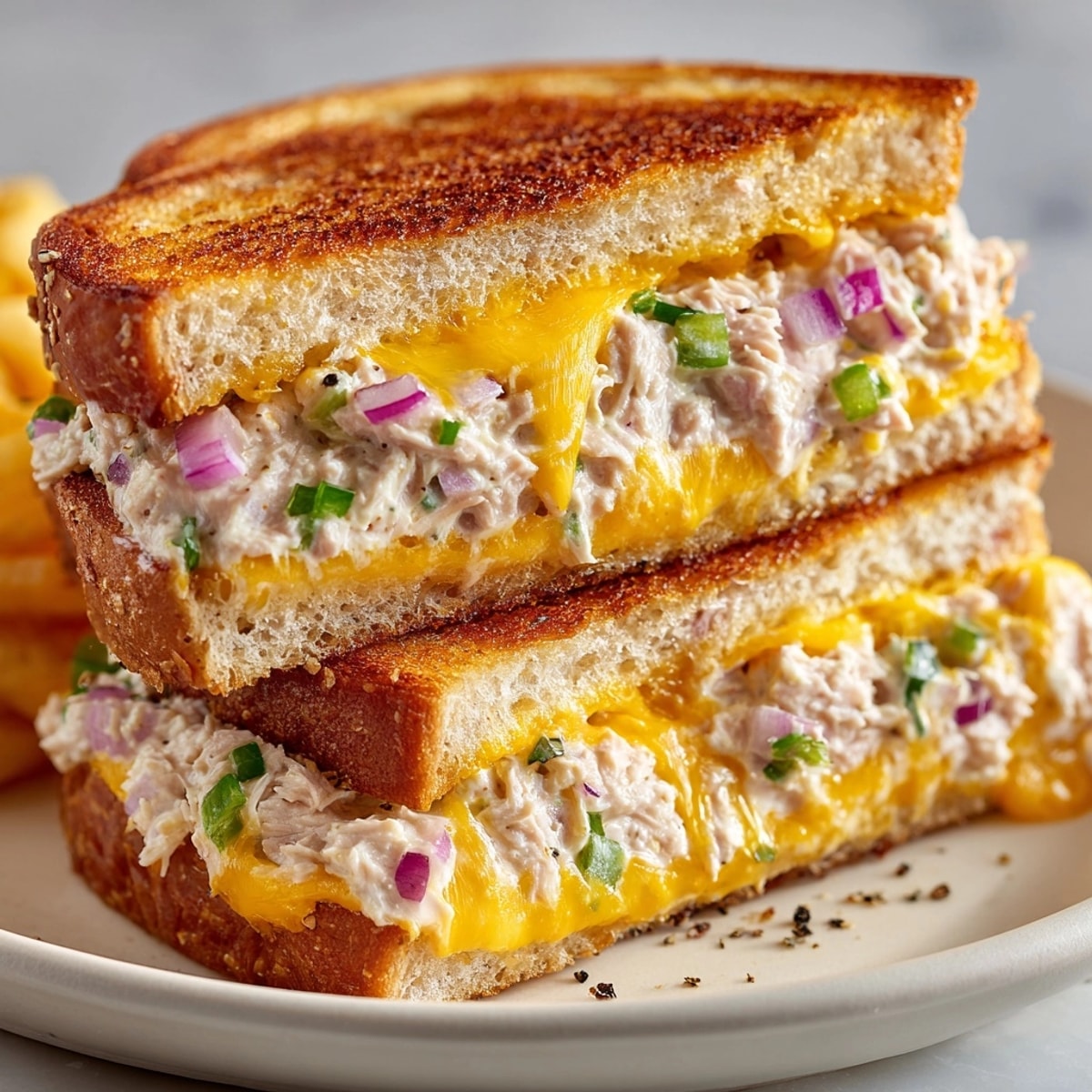 Quick Tuna Melt Sandwich with gooey melted cheese on buttery golden bread, hot from skillet.