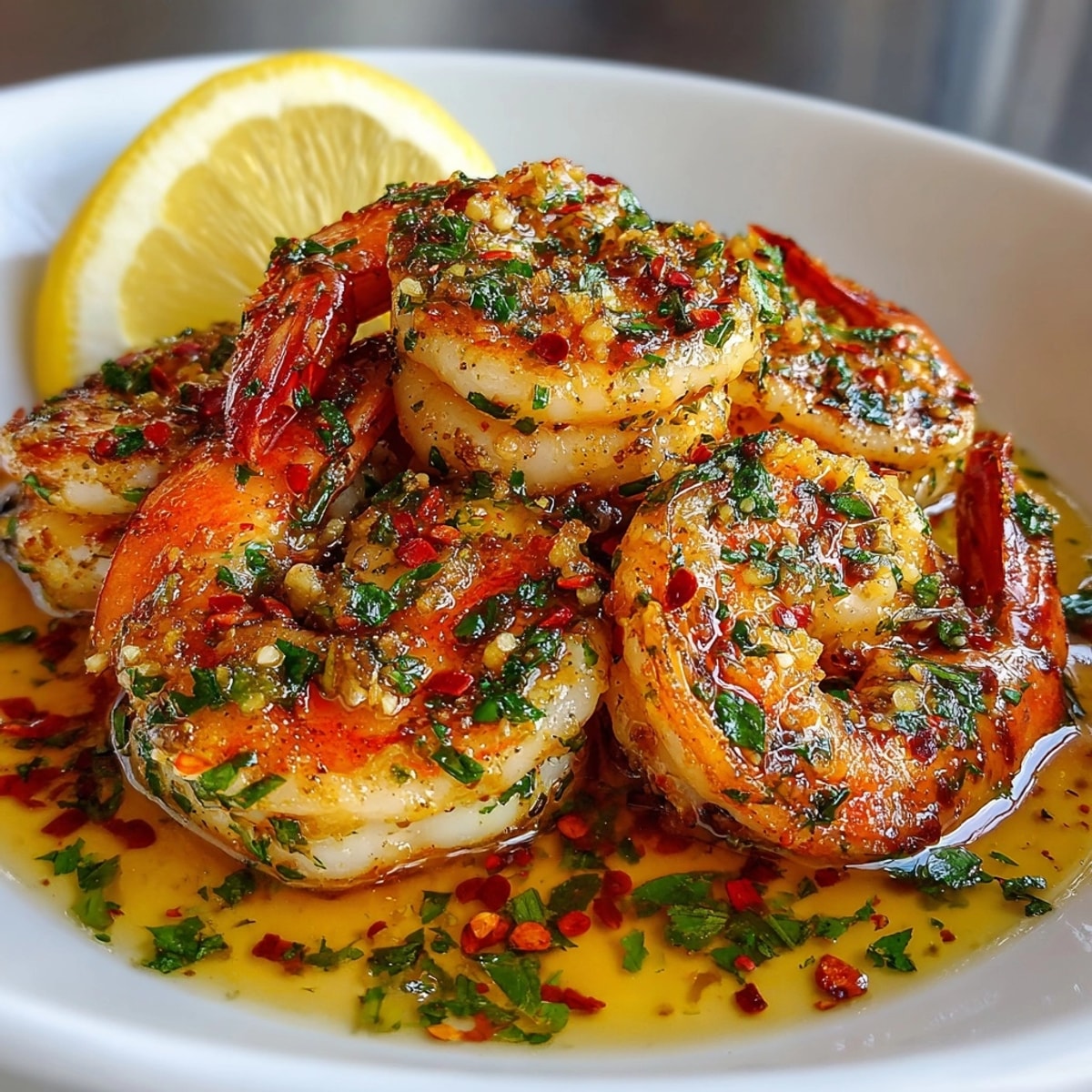 One-Pan Garlic Shrimp sizzling in golden butter with fresh parsley and zesty lemon wedges.