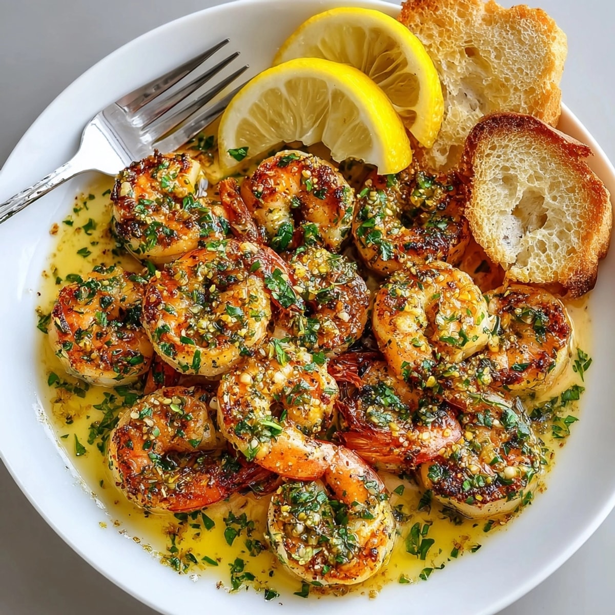 Close-up of One-Pan Garlic Shrimp glistening in garlicky sauce, ready for a quick Mediterranean dinner.