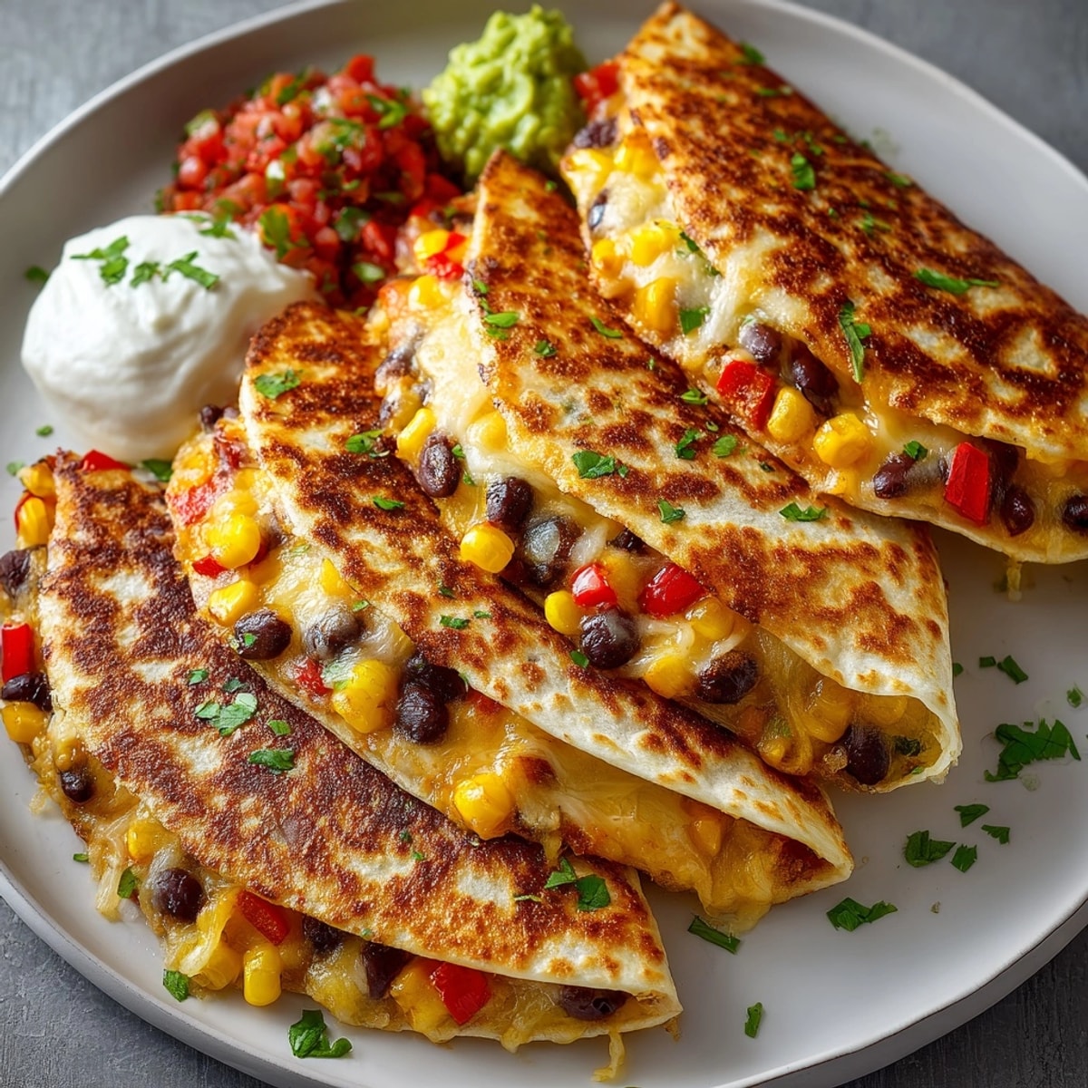 Easy Cheesy Quesadillas sliced and served hot, showing crisp edges and melted cheese inside.