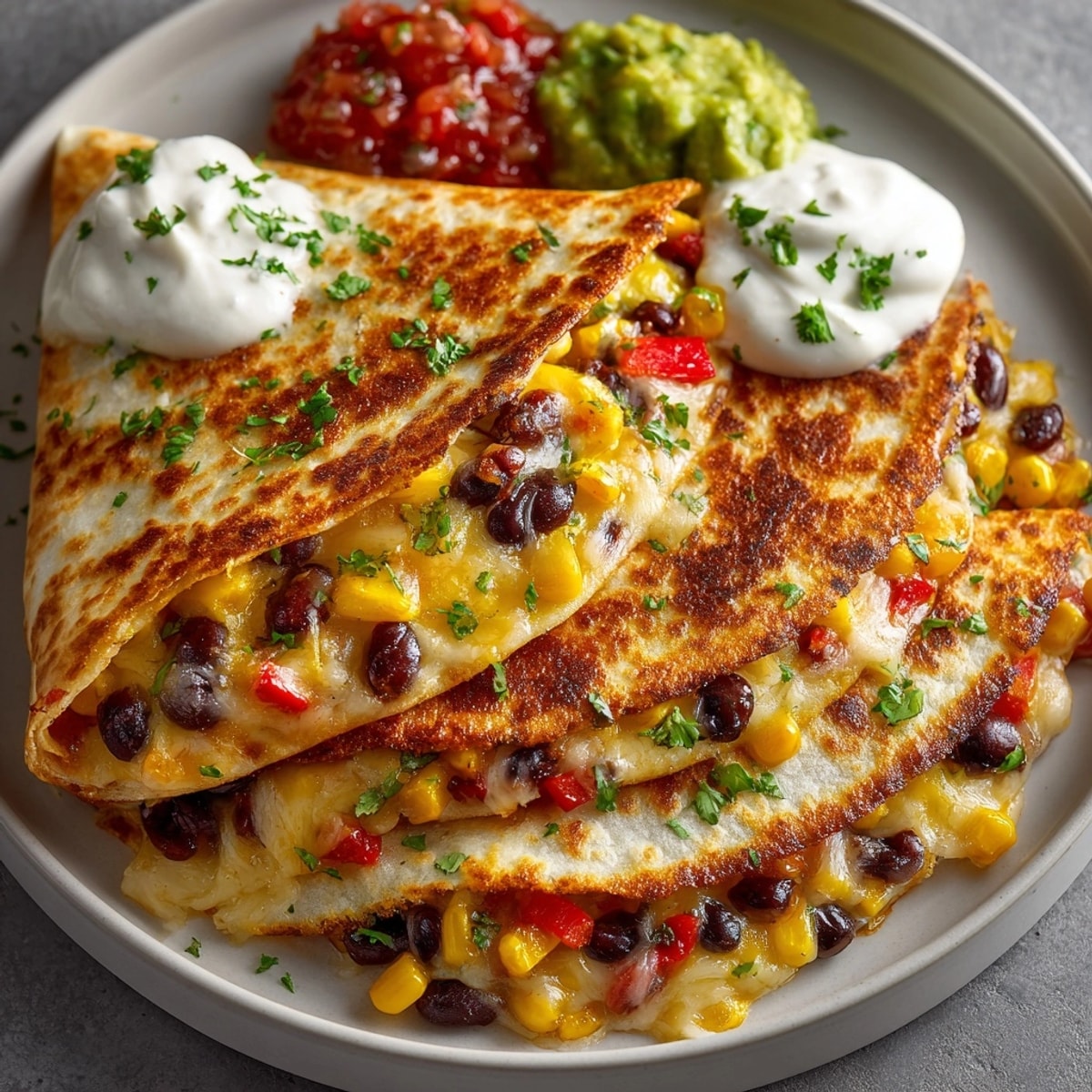 Freshly cooked Easy Cheesy Quesadillas on a skillet, garnished with cilantro and paired with salsa.