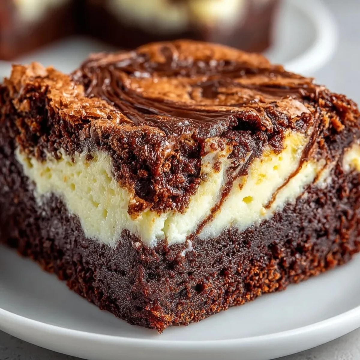 Ricotta chocolate swirl brownies with creamy cheese marbling and glossy, fudgy chocolate squares on a baking tray.