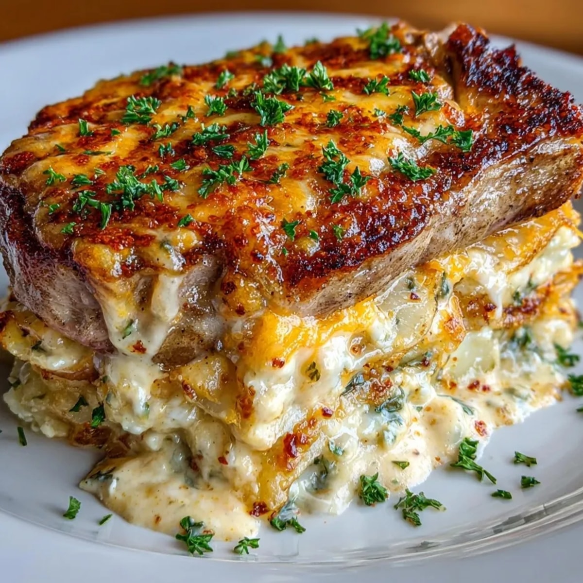 Smothered Pork Chop and Scalloped Potato Casserole fresh from the oven, bubbling with melted cheese and golden edges.