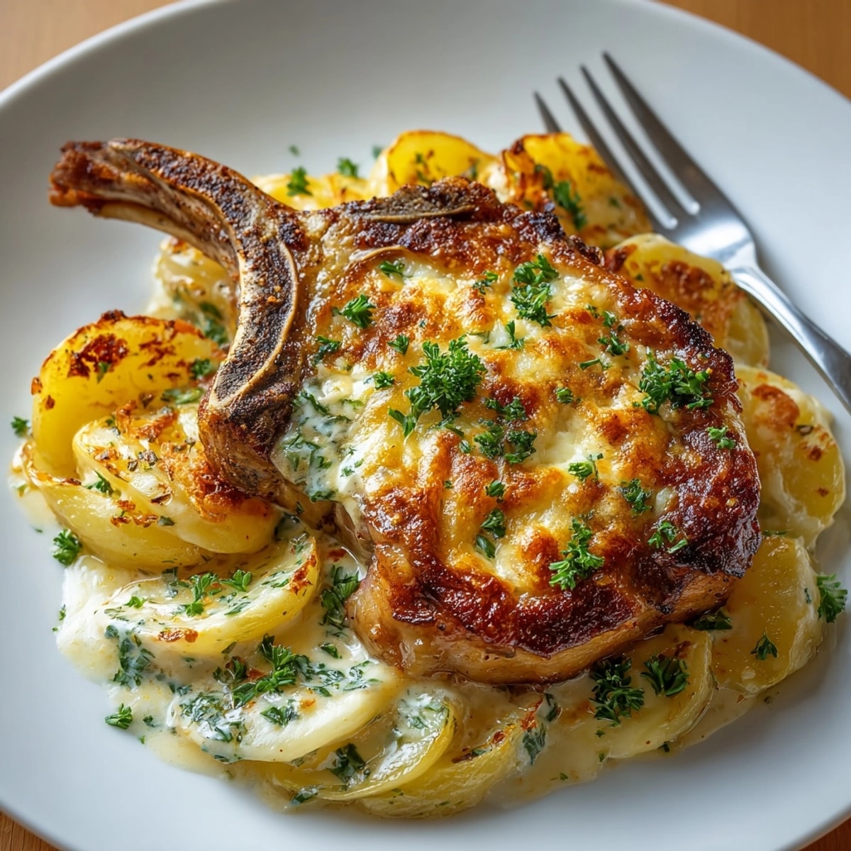 Closeup of smothered pork chop and scalloped potato casserole, topped with bright parsley and a sprinkle of paprika.