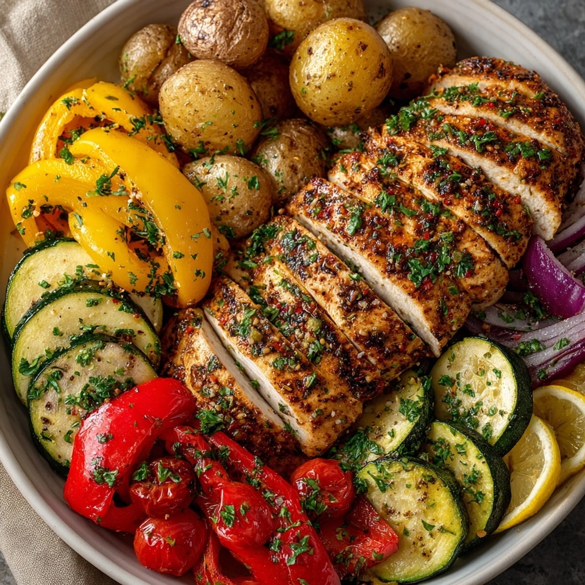 Cajun Garlic Chicken Sheet Pan Dinner with roasted vegetables, glistening in bold, aromatic seasoning
