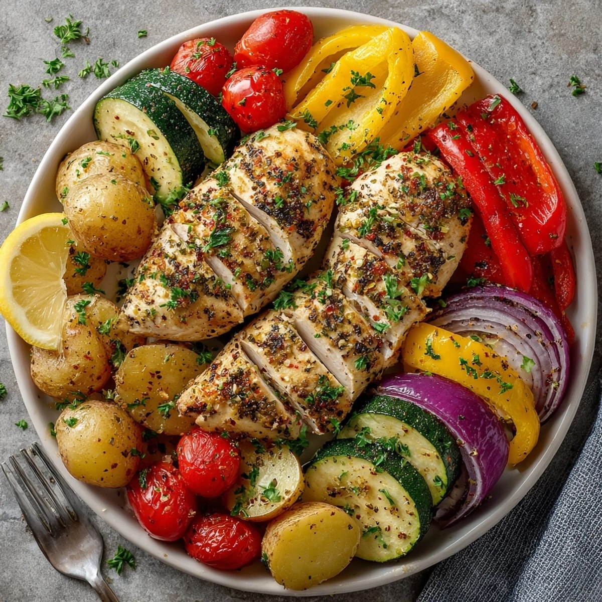 Colorful Cajun Garlic Chicken Sheet Pan Dinner garnished with fresh parsley and lemon wedges, ready to eat
