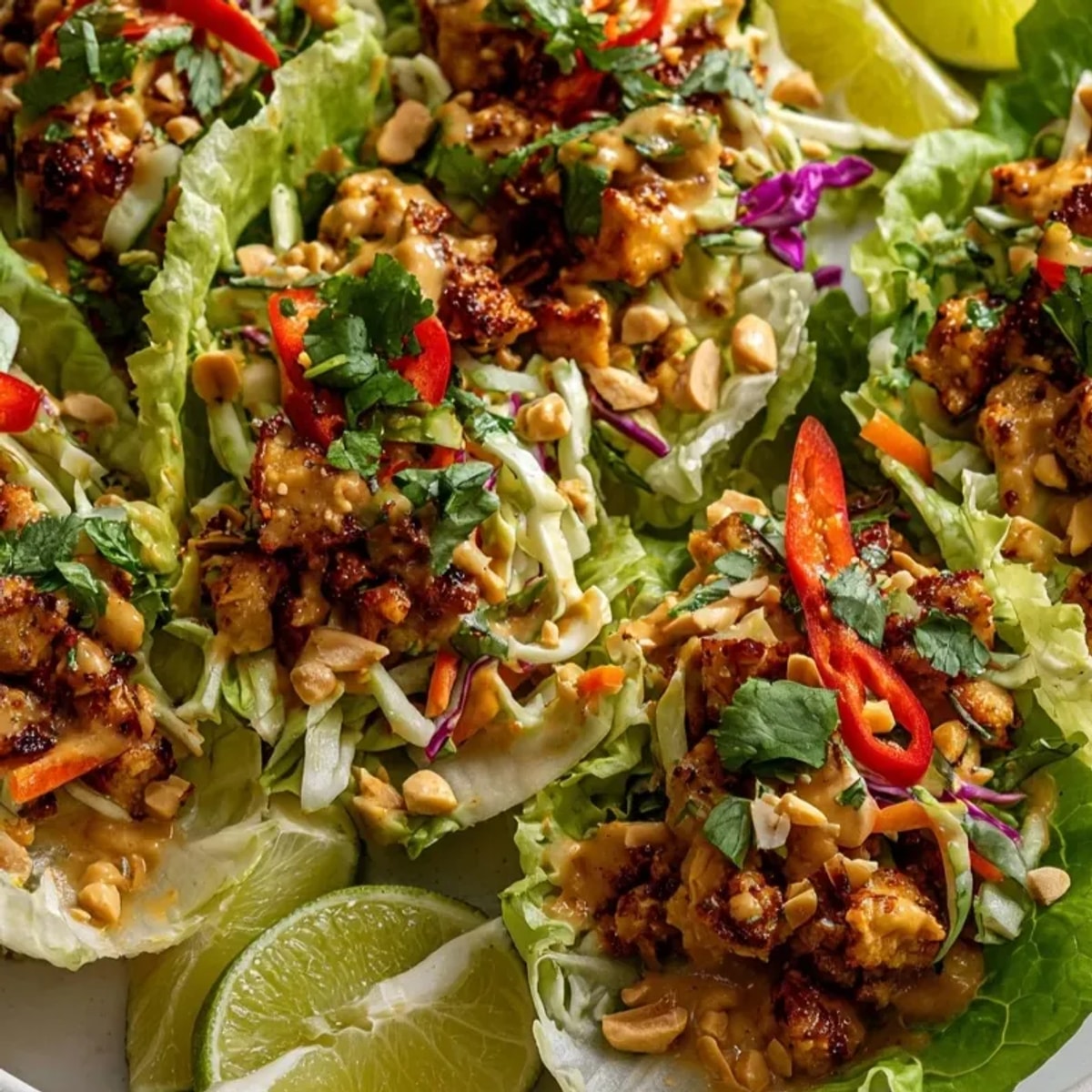 Thai Peanut Chicken Lettuce Cups topped with vibrant crunchy slaw, ready for serving on a white plate.