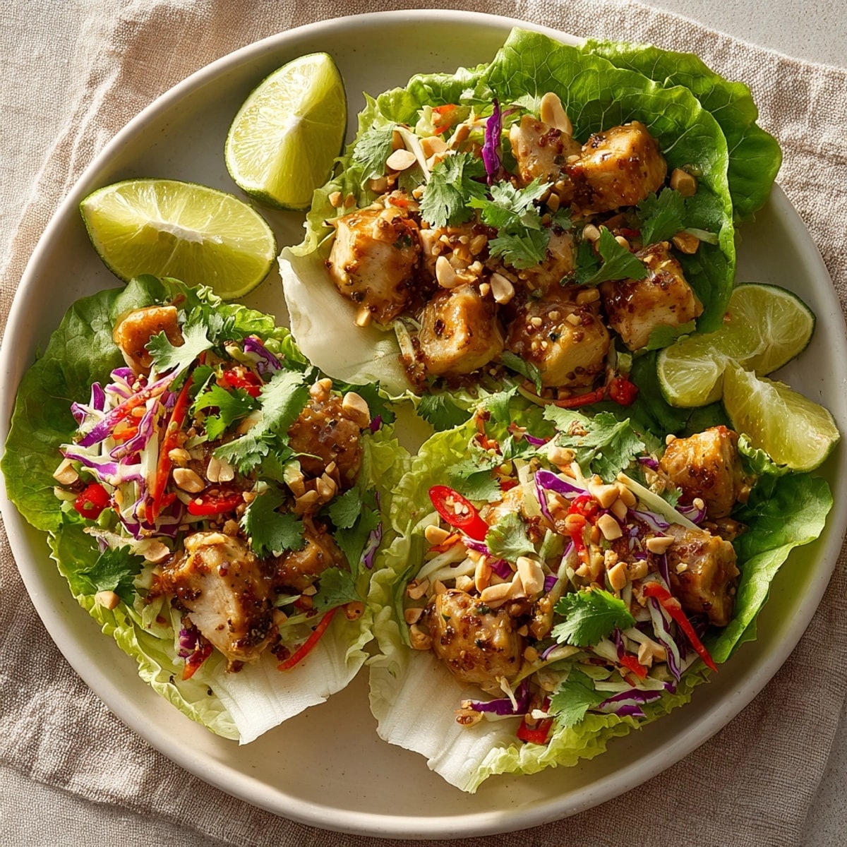 Close-up of juicy Thai Peanut Chicken filling nestled in lettuce cups, garnished with fresh slaw and peanuts.