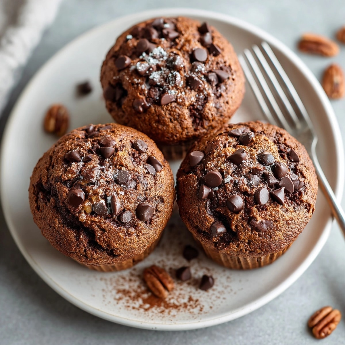 Cinnamon mocha protein muffins stacked on a rustic plate, perfect for a wholesome snack or coffee break.