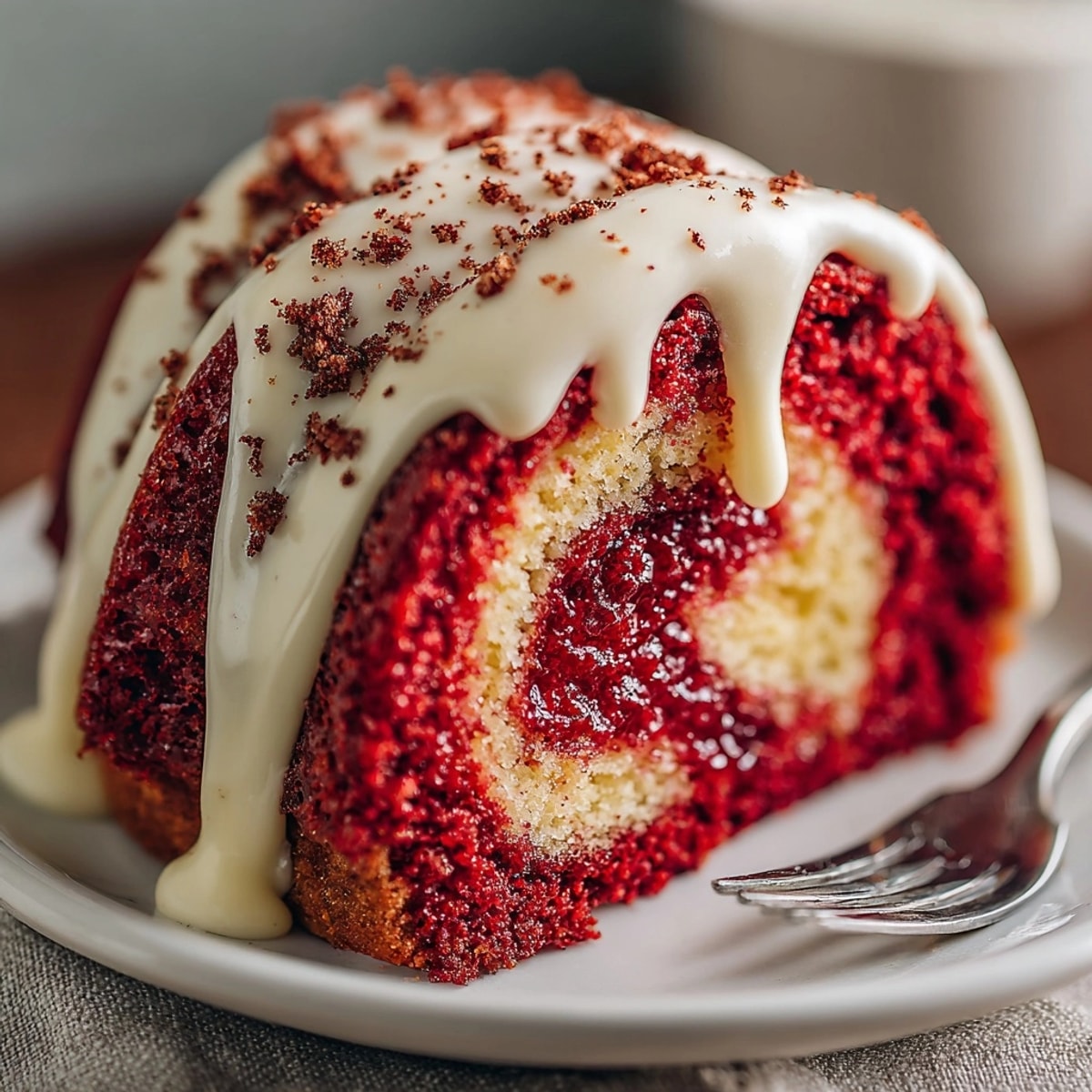Delicious Vampire Blood Red Velvet Bundt Cake with cream cheese frosting and raspberry drizzle.