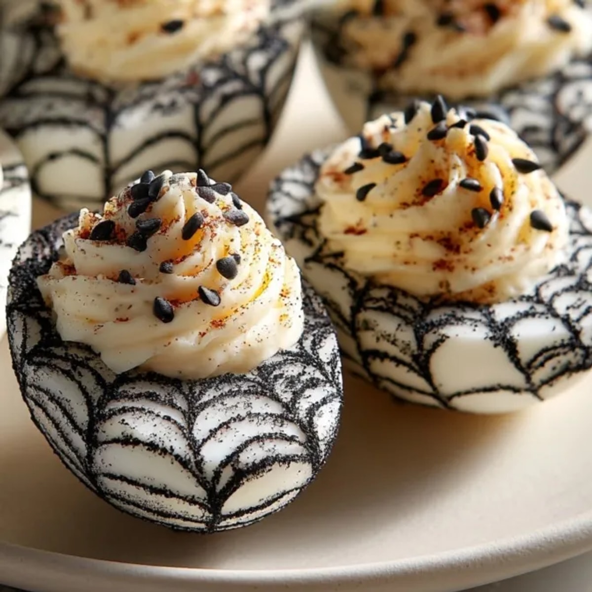 Creamy Spiderweb Deviled Eggs with Black Sesame: A delicious, spooky Halloween appetizer.